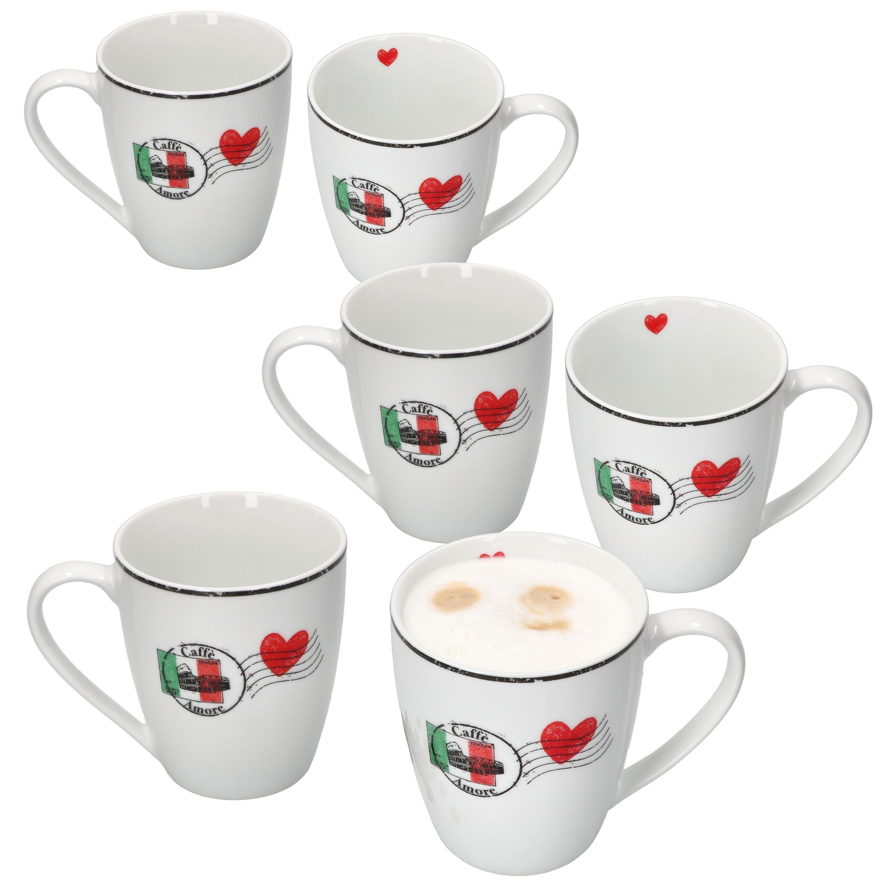 MamboCat Becher Caffee Amore 6er Set Kaffeebecher 300ml Tee-Tasse Pott Herz Mug Tea, Porzellan