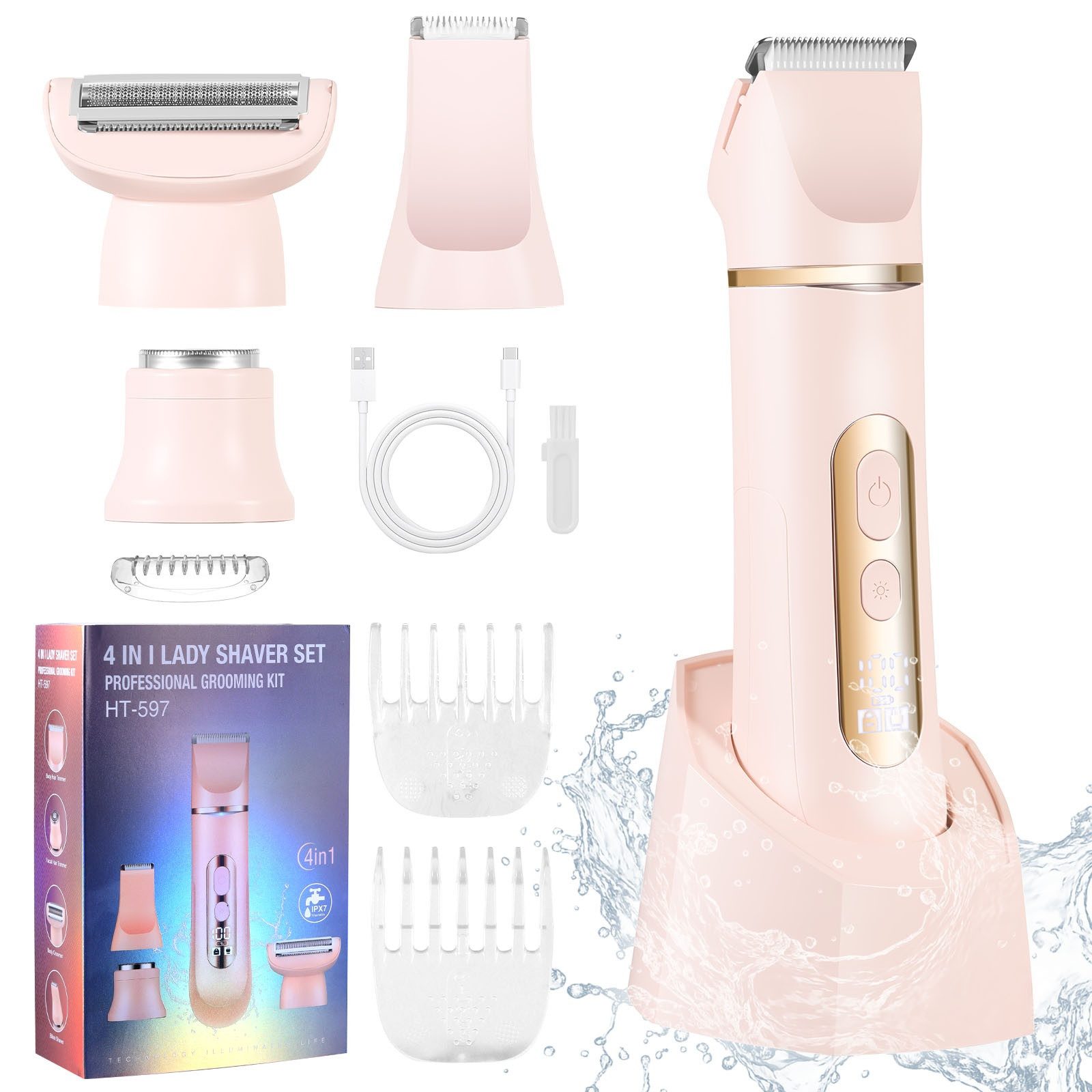 HATTEKER Epilierer HT-597, Aufsätze: 1 St., Rasierer für Damen, Trimmer, Gesichtstrimmer, 4-in-1, wasserdicht