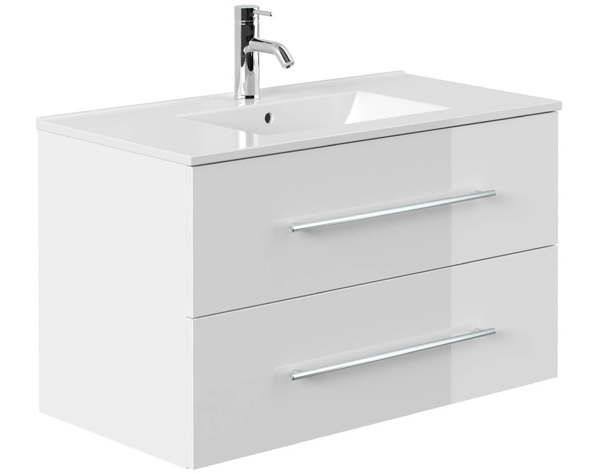 einfachgutemoebel Waschtisch-Set Waschplatz KUBOA 90cm, Keramikbecken, weiß hochglanz, (Badmöbel Set, 1-St., Waschtisch Set)