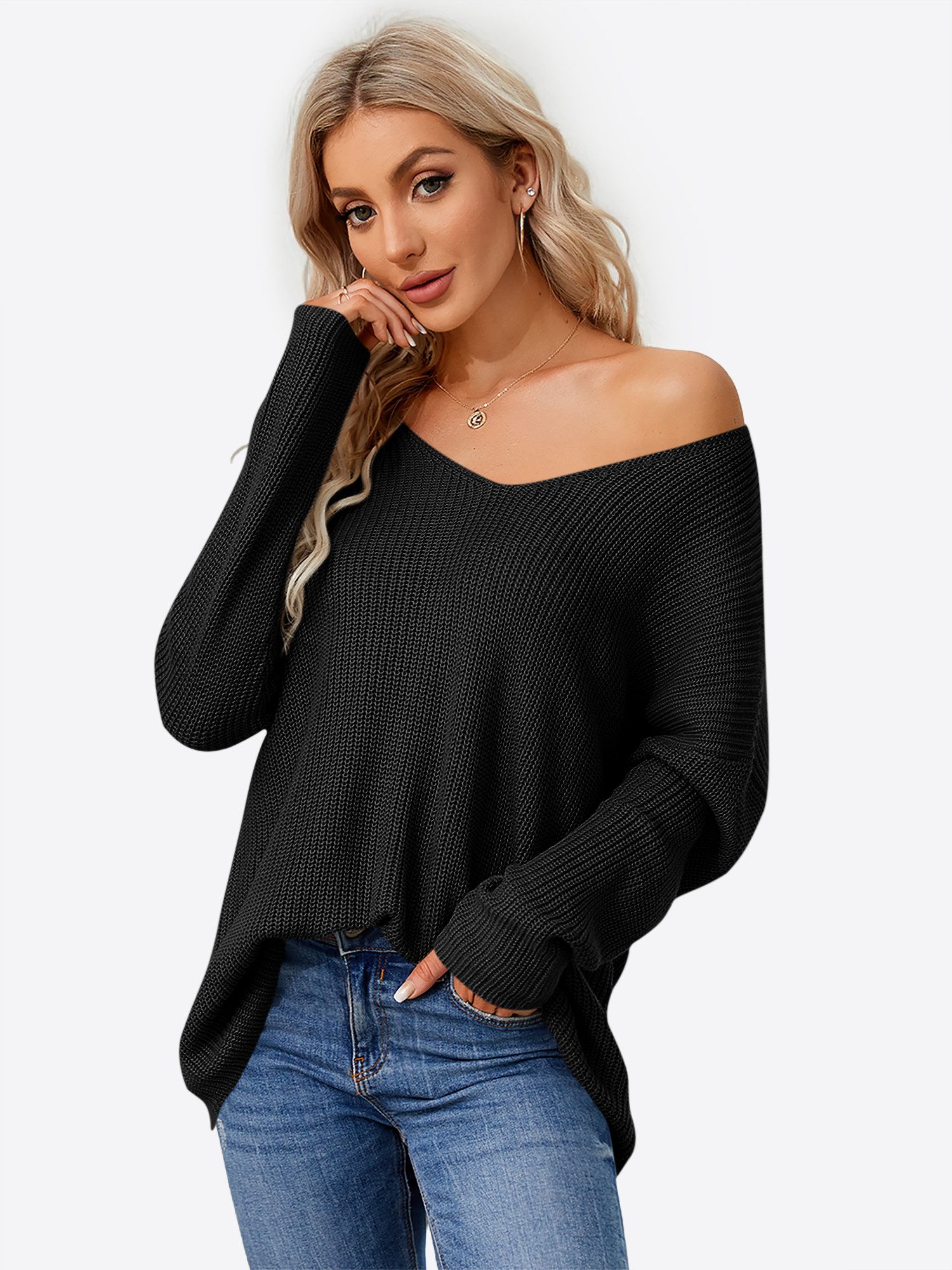Imily Bela Sweater Damen V-Ausschnitt Langarm Oversize Pullover (Packung, 1 günstig online kaufen