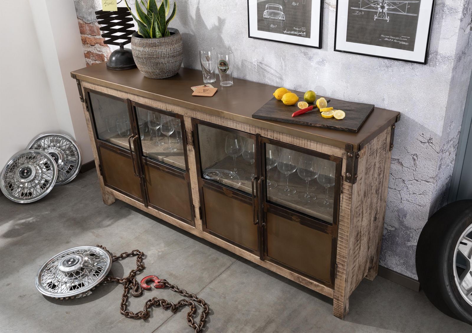 Massivmoebel24 Sideboard HEAVY INDUSTRY (Massivholz), Sideboard Mango 180x40x90 braun lackiert HEAVY INDUSTRY #250