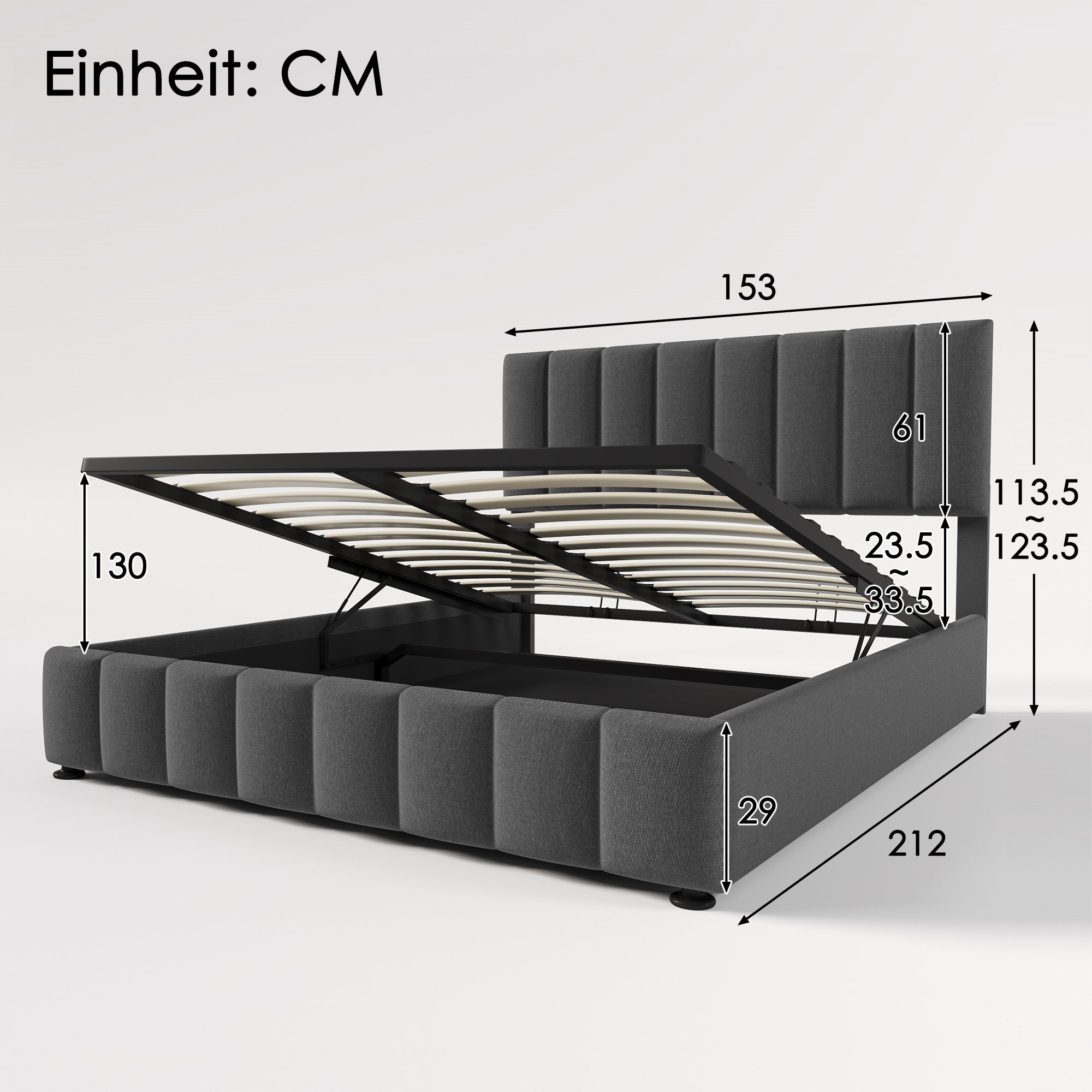 Polsterbett (Funktionsbett mit Bettkasten und Lattenrost), Hydraulisch Bett 140x200cm, Verstellbares Kopfteil, Bezug aus Leinen