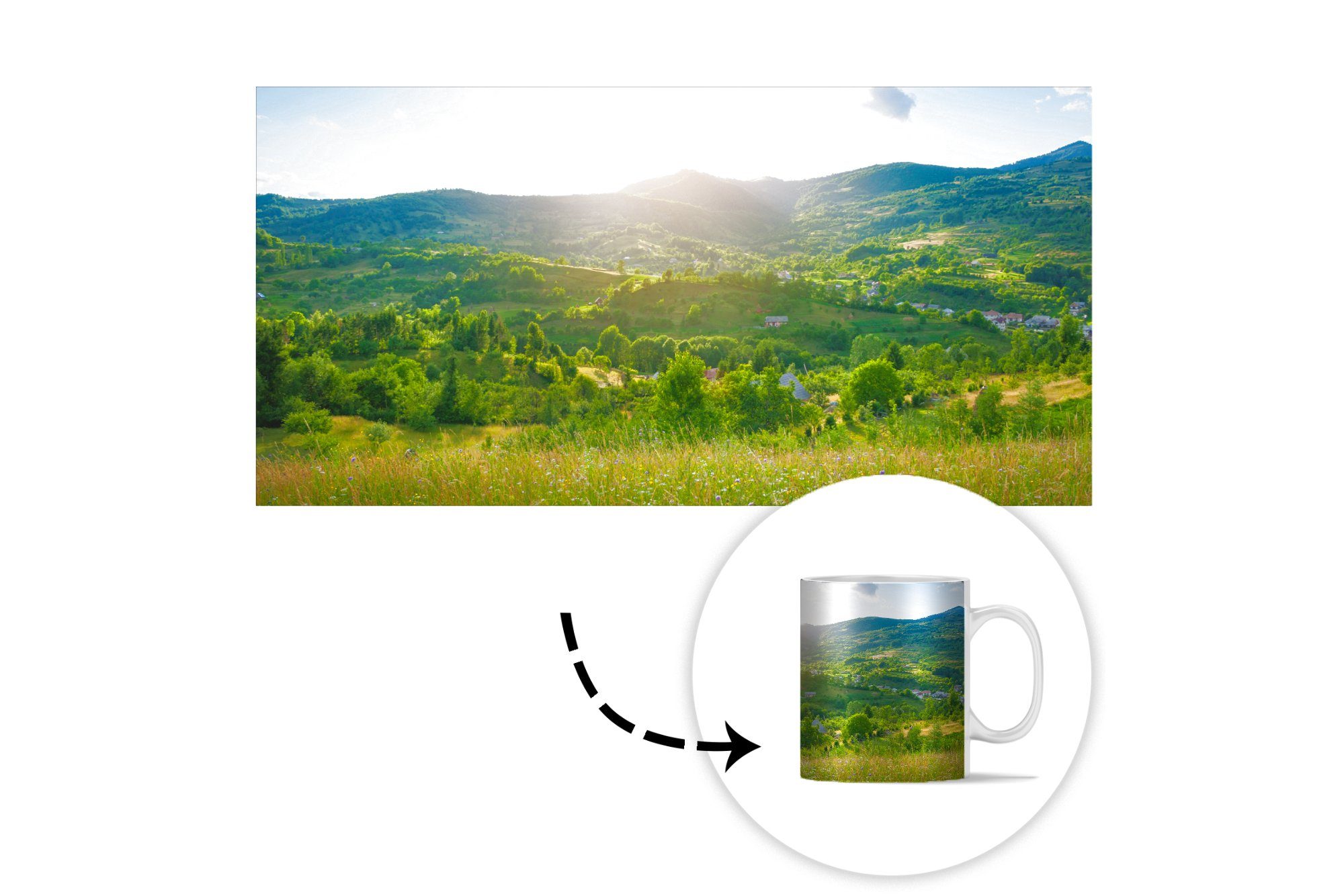 MuchoWow Tasse Wald - Landschaft Teetasse, Becher, Sonne - Geschenk Keramik, Sonnenaufgang, Kaffeetassen, - Teetasse, - Natur