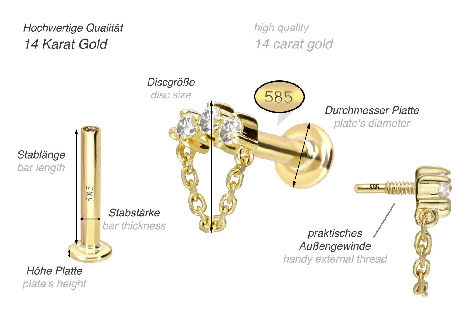 PIERCINGLINE Piercing-Set 14 Karat Gold Labret mit Innengewinde MOISSANIT-BOGEN + KETTE (Labrets, 1-tlg)