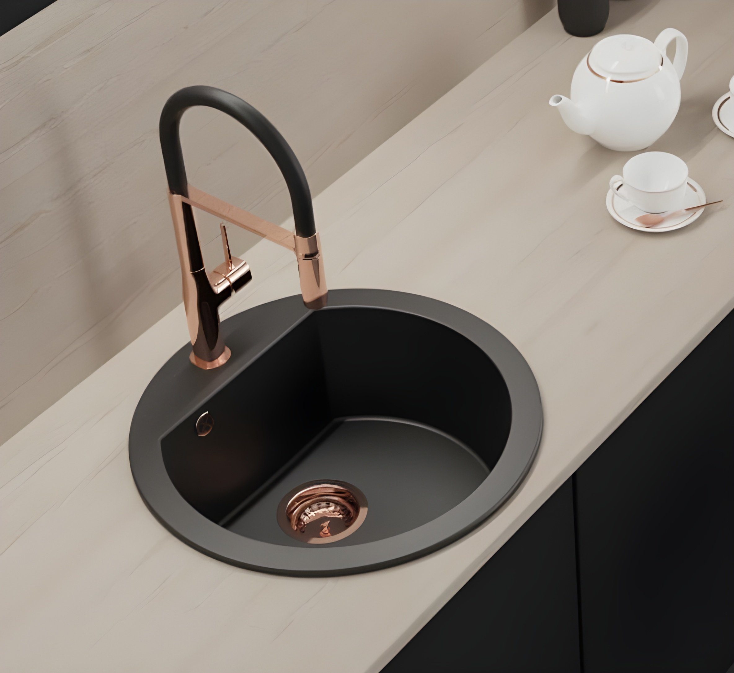 KOLMAN Küchenspüle Einzelbecken Dafne Rund Granitspüle, Rund, 51/51 cm, Schwarz, Space Saving Siphon GRATIS