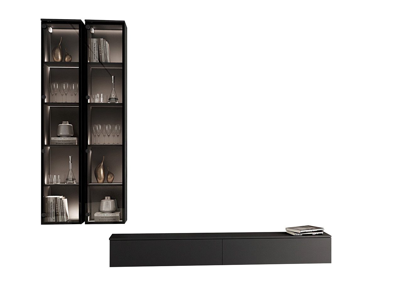 MOEBLINE Wohnwand Medienwand Anbauwand FIVO 3 Schwarz 3-St TV-Lowboard Häng günstig online kaufen