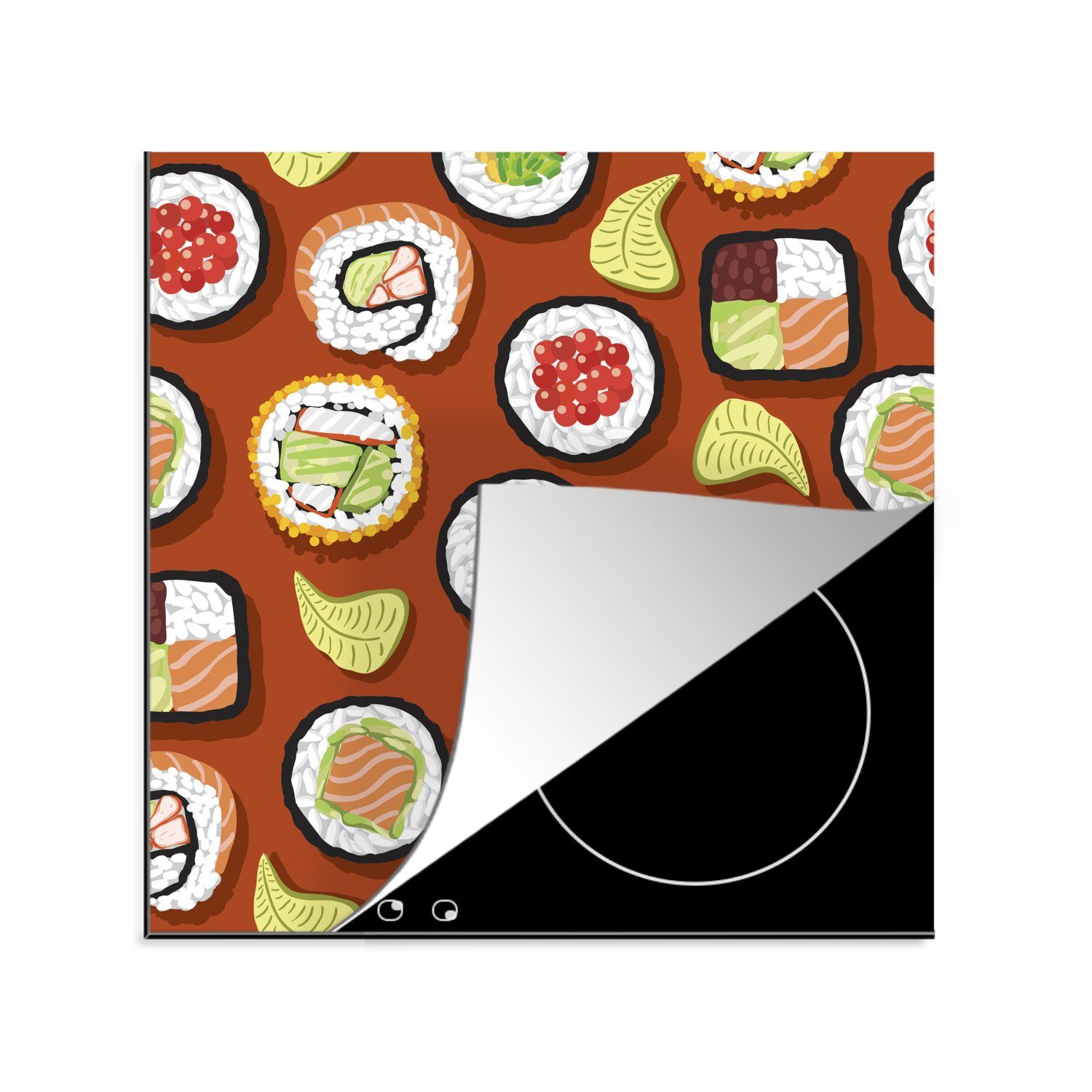 MuchoWow Herdblende-/Abdeckplatte Sushi-Illustration auf braunem Hintergrund, Vinyl, (1 tlg), 78x78 cm, Ceranfeldabdeckung, Arbeitsplatte für küche