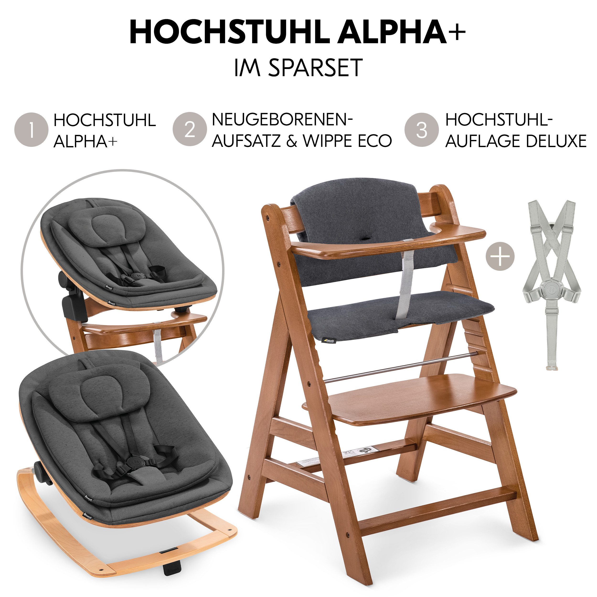 Hauck Hochstuhl Alpha Plus Newborn Set Eco - Walnut, Holz Babyhochstuhl ab Geburt inkl. Neugeborenenaufsatz & Sitzauflage