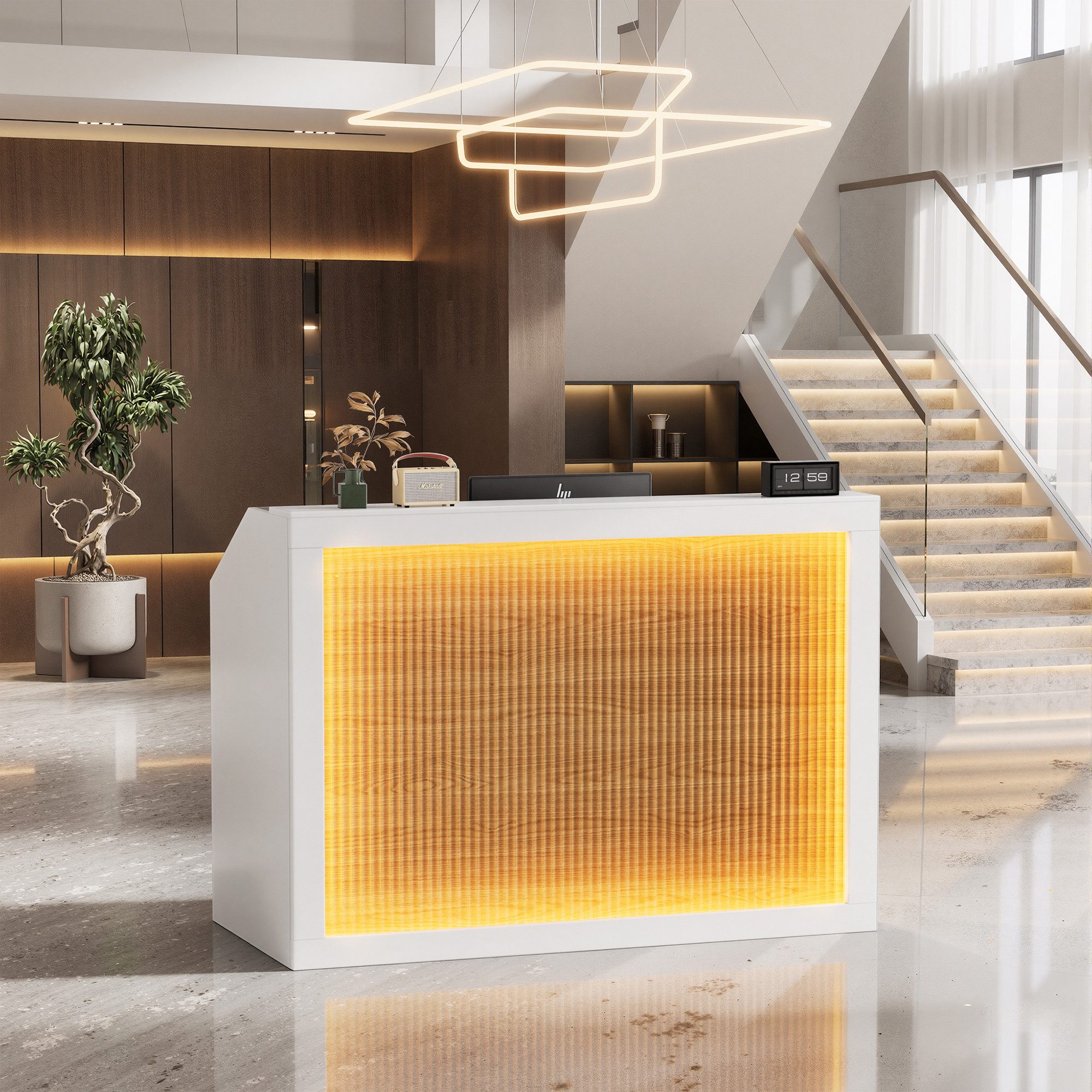 TWSOUL Empfangstheke mit LED-Beleuchtung,Rezeptionstresen mit Schublade & Stauraum, Holz-Theke mit Ladestation, modern, 140 × 60 × 110 cm