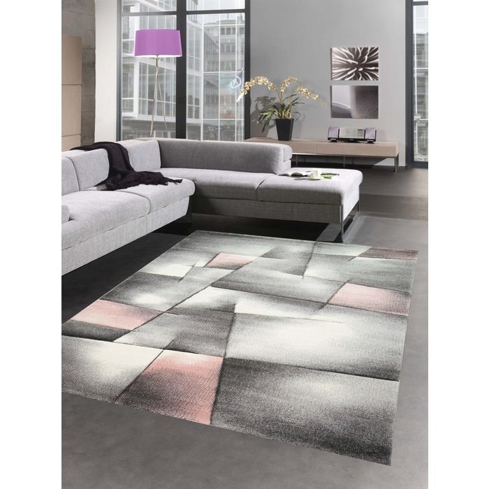 Teppich Teppich Kurzflor Wohnzimmerteppich karo abstrakt pastell rosa grau Carpetia rechteckig Höhe: 13 mm