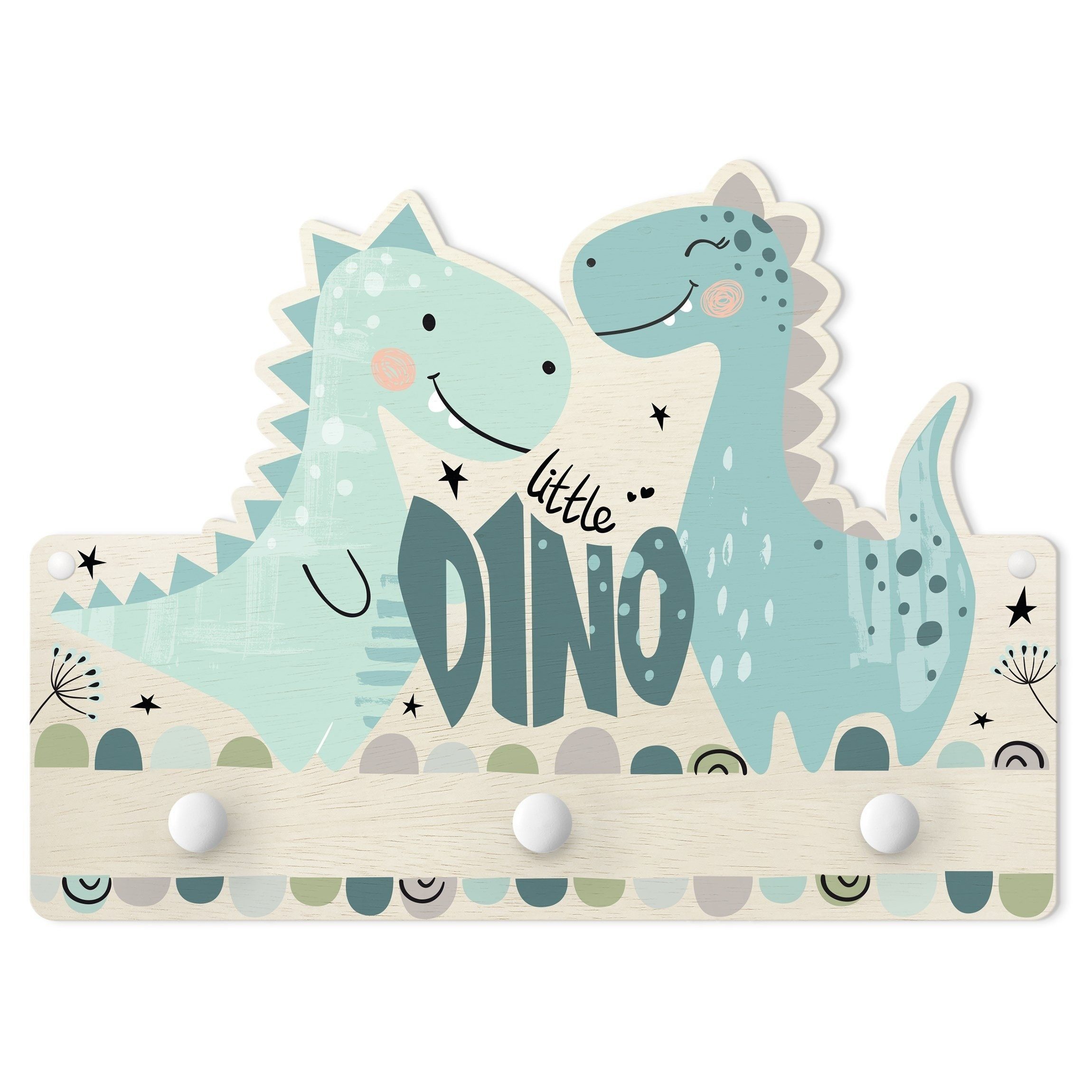 Bilderdepot24 Garderobenpaneel grün Tiere Dino Pastell (Kindergarderobe holz Kleiderhaken für die Wand inkl. Montagematerial), moderne Wand Garderobenleiste Flur - kleine Hakenleiste Kinderzimmer