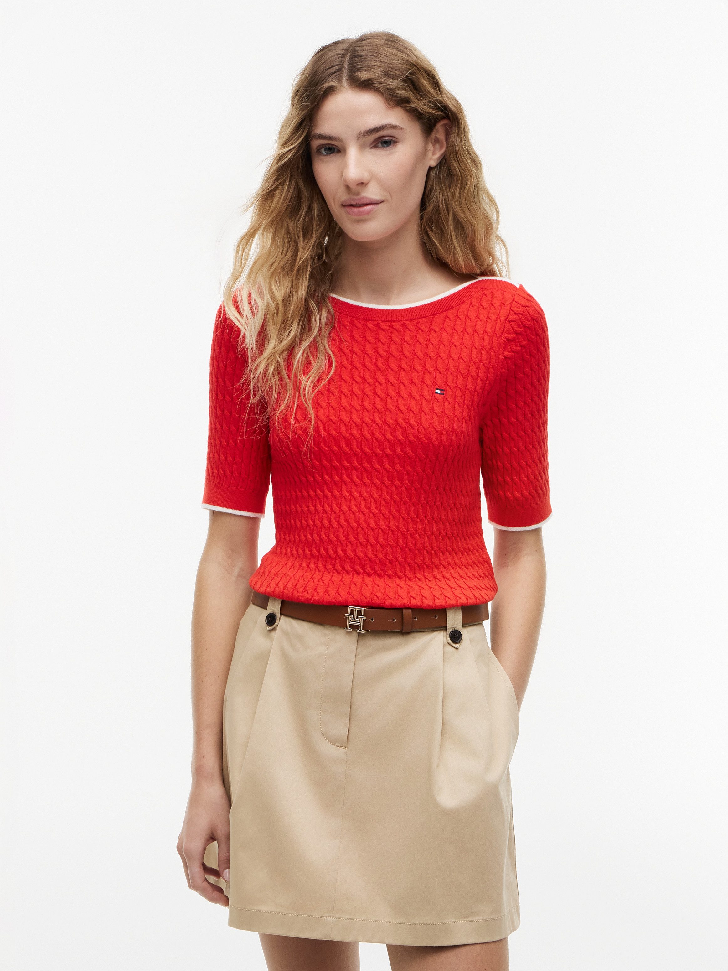 Tommy Hilfiger Kurzarmpullover FINE GG CABLE BOAT NK S/S Baumwolle, mit Zopfstrickmuster