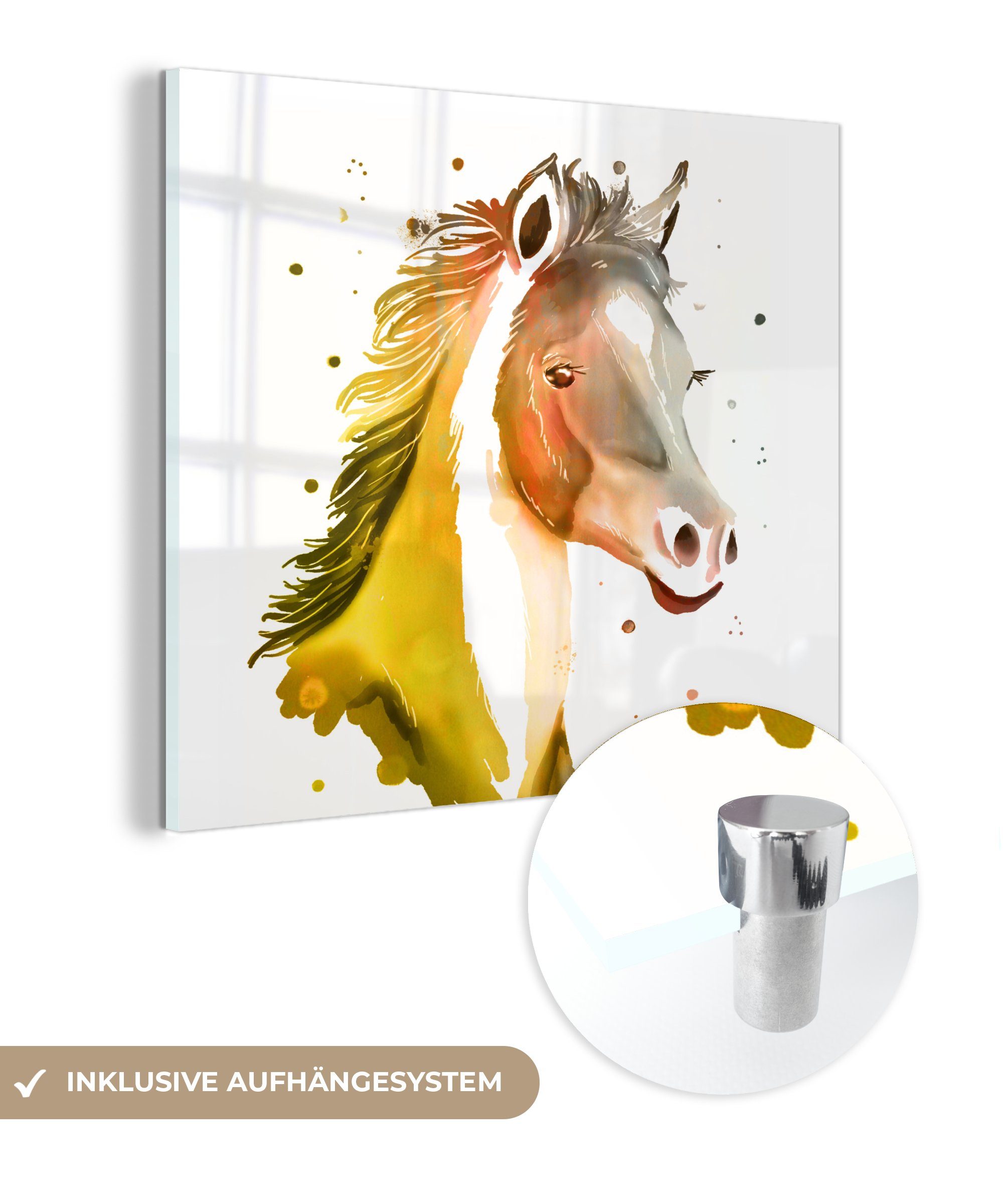 MuchoWow Acrylglasbild Pferd - Gelb - Polka dots - Mädchen - Kinder - Mädchen, (1 St), Glasbilder - Bilder auf Glas Wandbild - Foto auf Glas - Wanddekoration