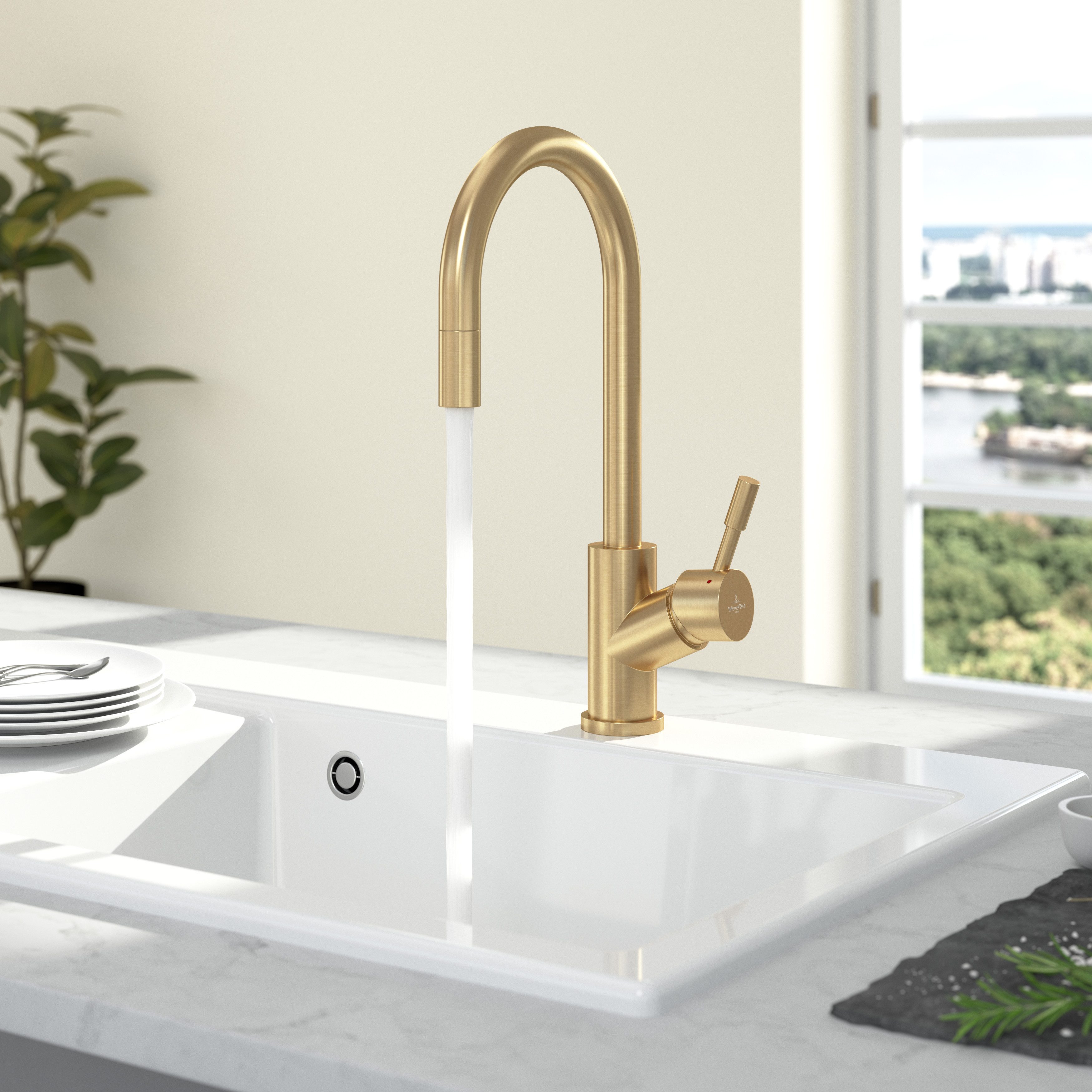Villeroy & Boch Küchenarmatur Umbrella Flex mit herausziehbarer Handbrause (360° schwenkbar, mit Befestigungs- und Anschlusssatz) Hochdruck-Armatur, Kaltstart-Funktion, Gold