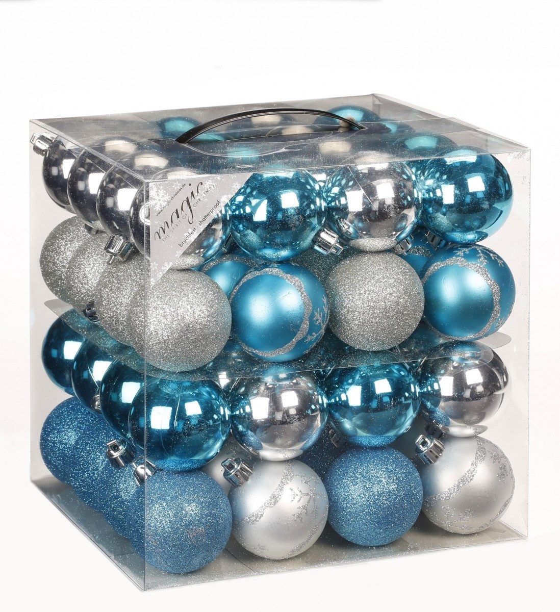 JACK Christbaumschmuck 64x Kunststoff Christbaumkugeln Ø 6cm Baum Kugeln inkl. Aufhänger, Mit praktischer Aufbewahrungsbox, Optik: matt / glänzend / glitzernd