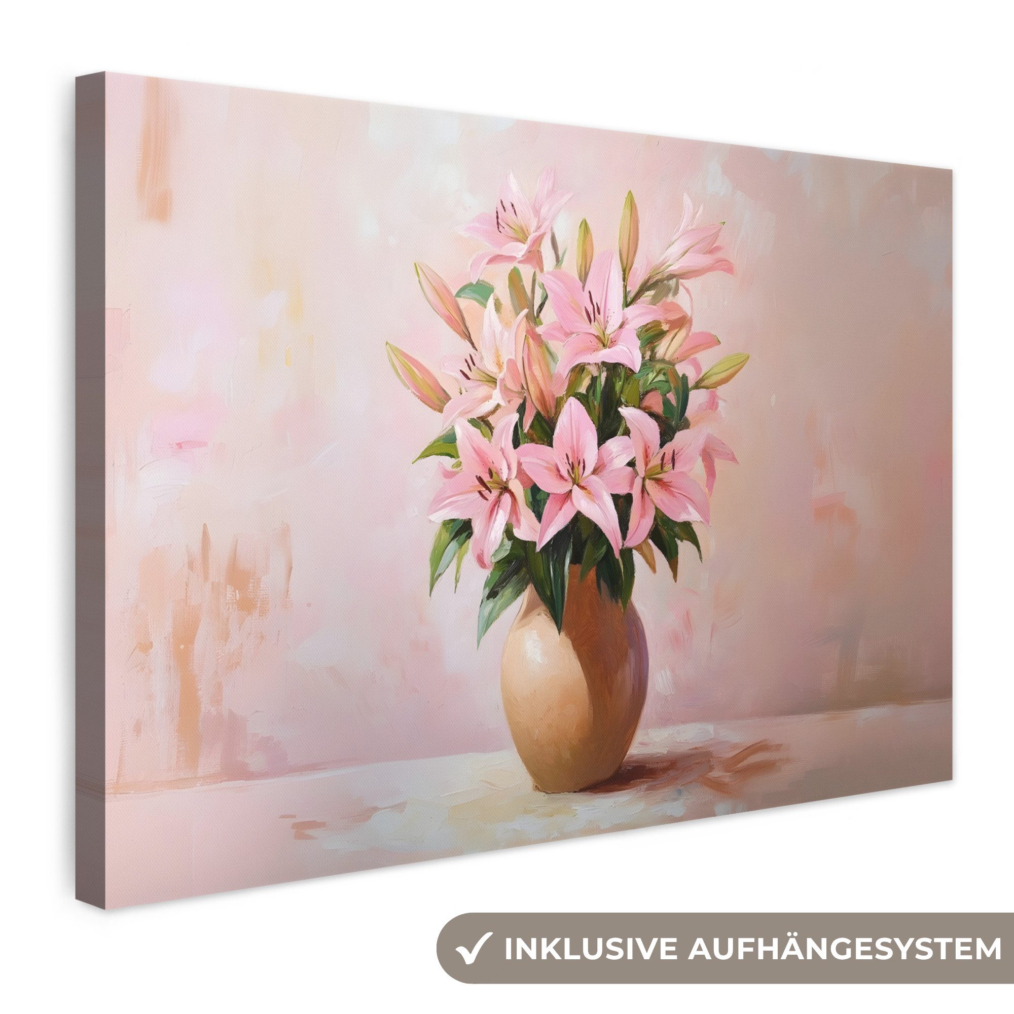 OneMillionCanvasses® Leinwandbild Vase - Blumen - Rosa, Fotodruck (1 St), Leinwand Bilder Klein, Wand Dekoration Aesthetic 30x20 cm