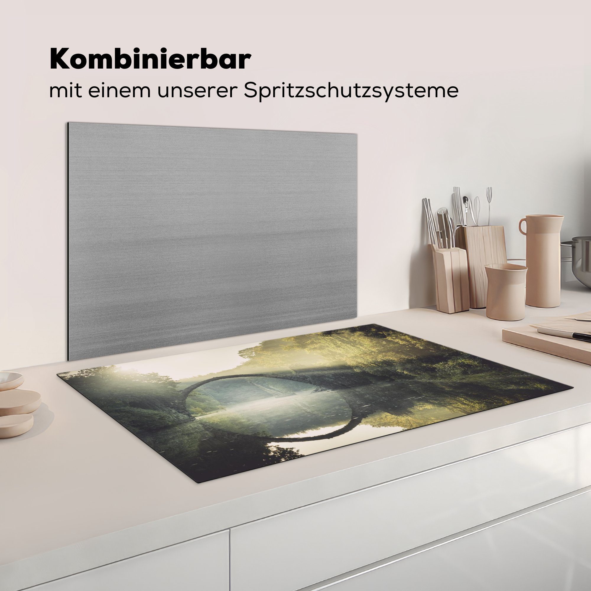 Vinyl, im 83x51 Nebel, Die (1 Deutschland, Herdblende-/Abdeckplatte Ceranfeldabdeckung, Rakotzbrücke cm, für tlg), Arbeitsplatte küche Kromlau, MuchoWow in