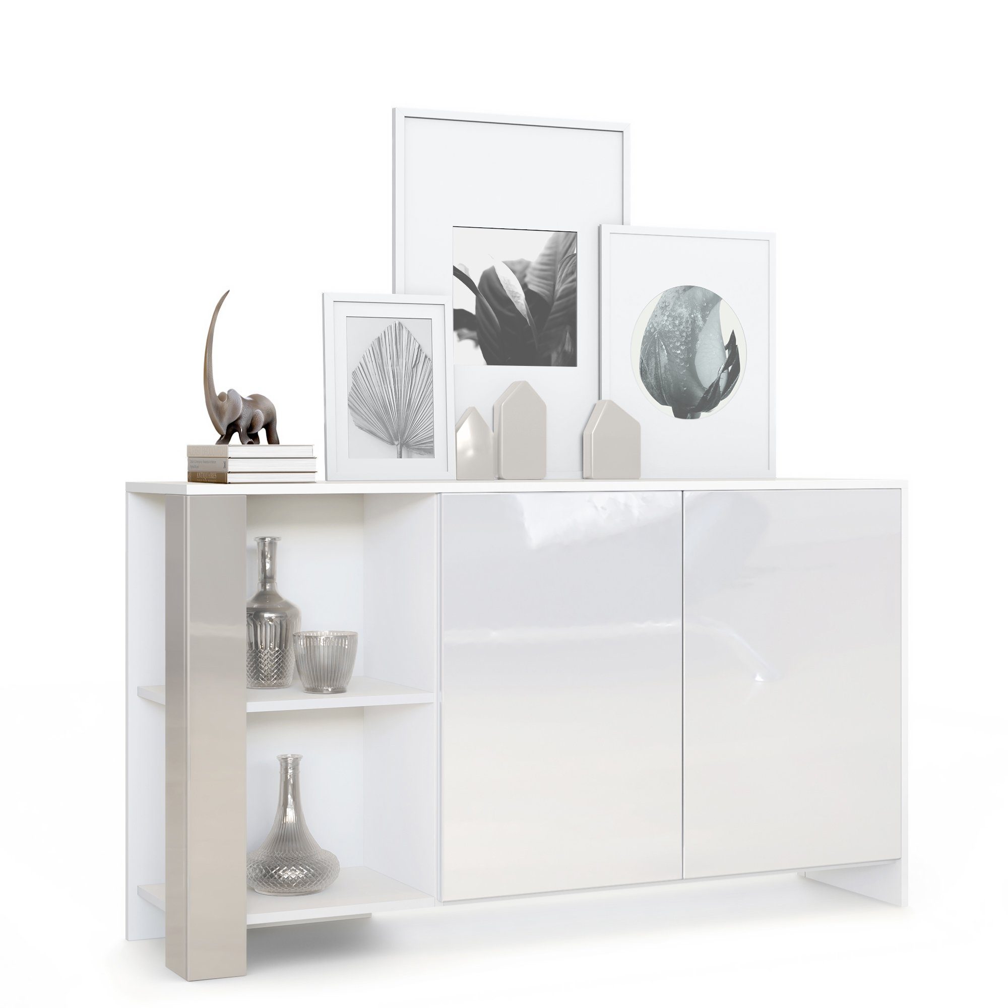 Vladon Sideboard Canto (Sideboard, mit 2 Türen und 6 Fächern), Weiß matt, Weiß Hochglanz, Sandgrau Hochglanz