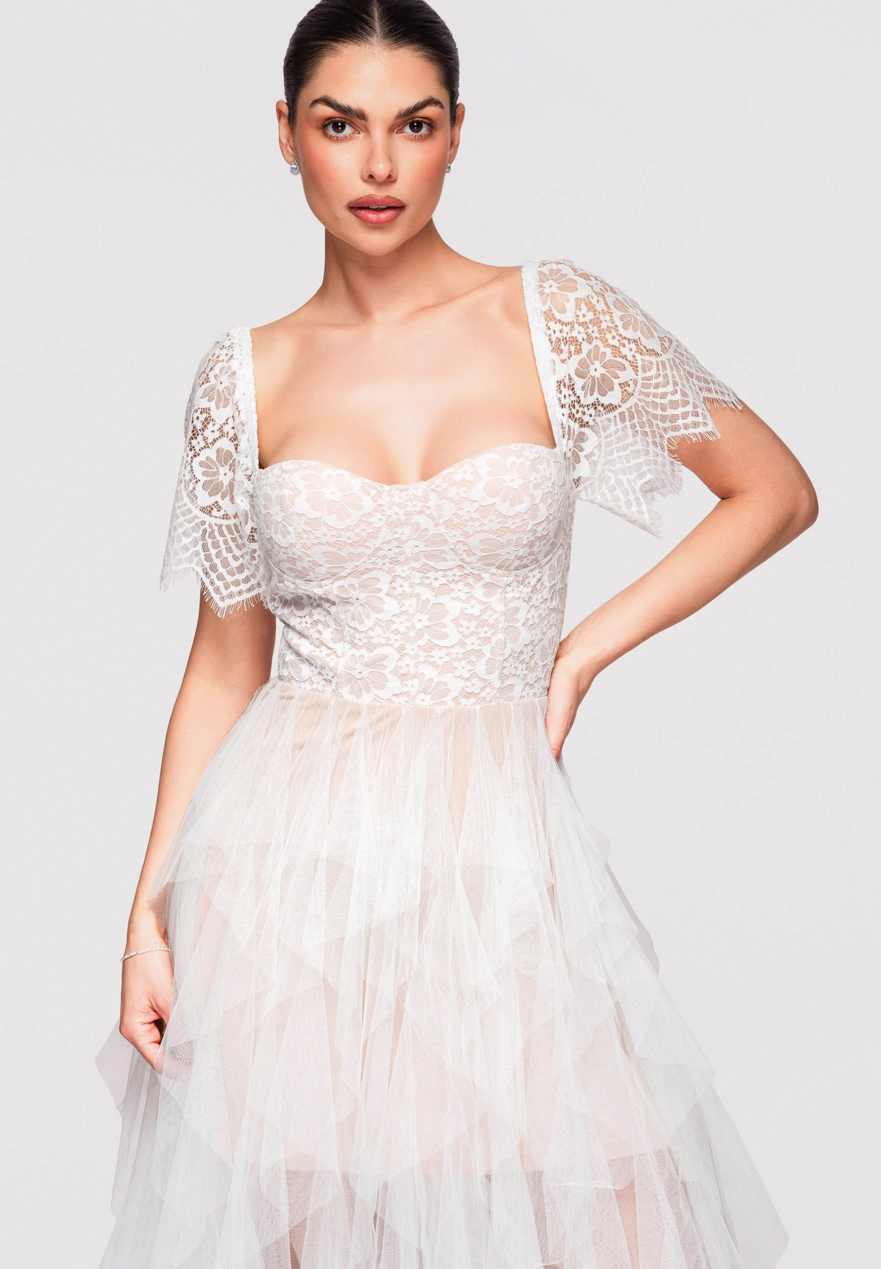 OMBRE Abendkleid Cocktailkleid Spitze Tüll Midi Weiß S (kein Set, 1-tlg) Mehrlagiger Tüllrock, florale Spitze – Bild 5 von 5