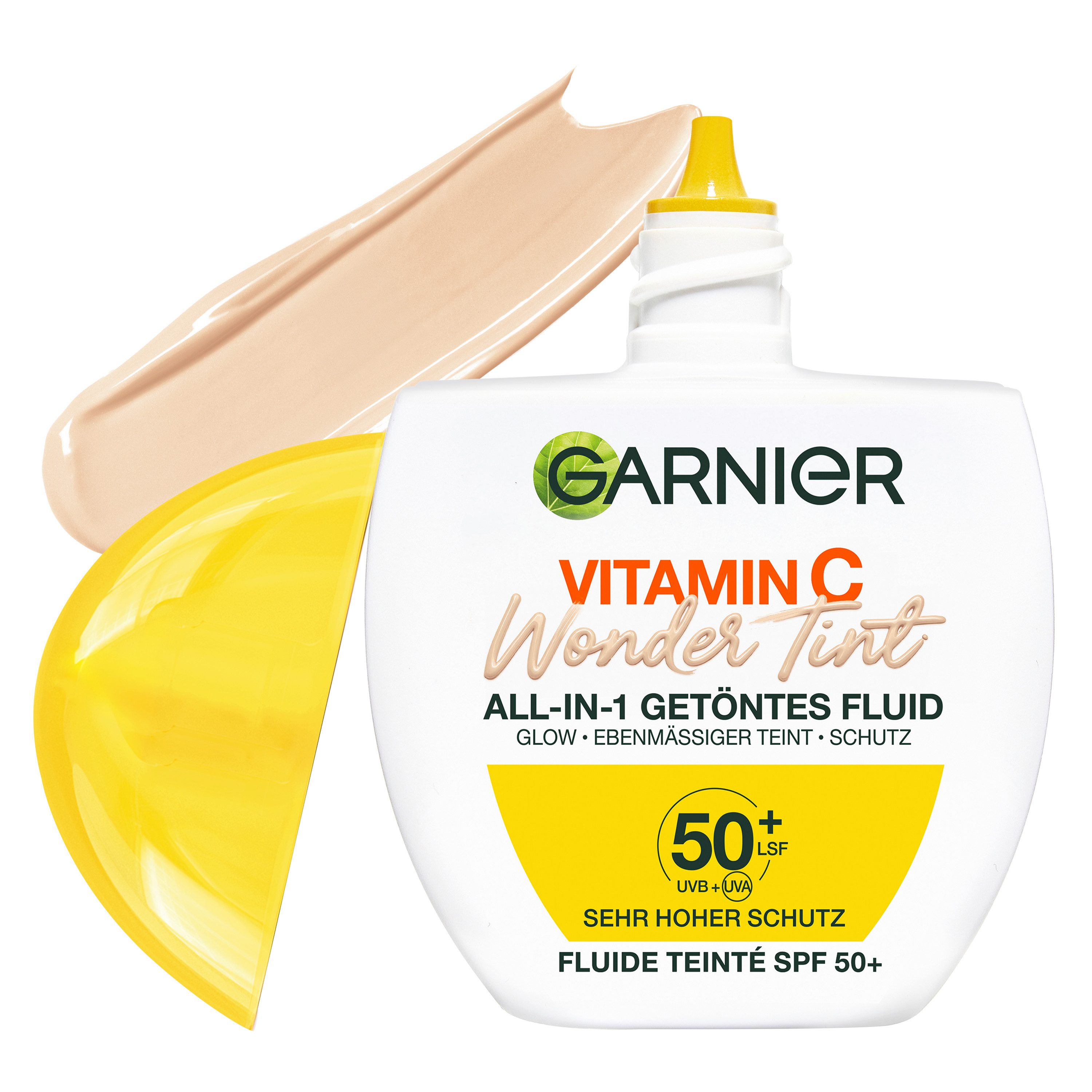 GARNIER Getönte Gesichtscreme VITAMIN C WONDER TINT ALL-IN-1 GETÖNTES FLUID, mit LSF 50+, Fluid-Textur, nicht fettende und nicht klebende Formel