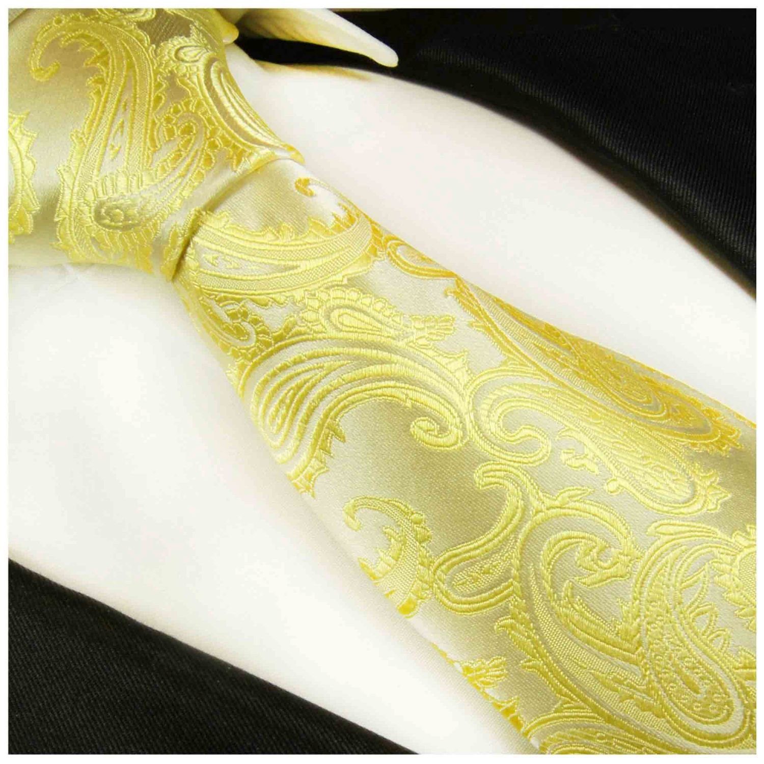 Elegante 100% Seidenkrawatte Herren 2107 Krawatte gelb paisley Paul Malone Seide Schmal brokat (6cm), Schlips
