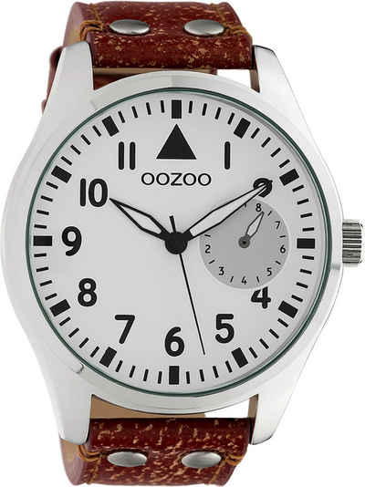 OOZOO Quarzuhr Oozoo Unisex Armbanduhr Timepieces Analog, Damen, Herrenuhr rund, extra groß (ca. 50mm) Lederarmband braun