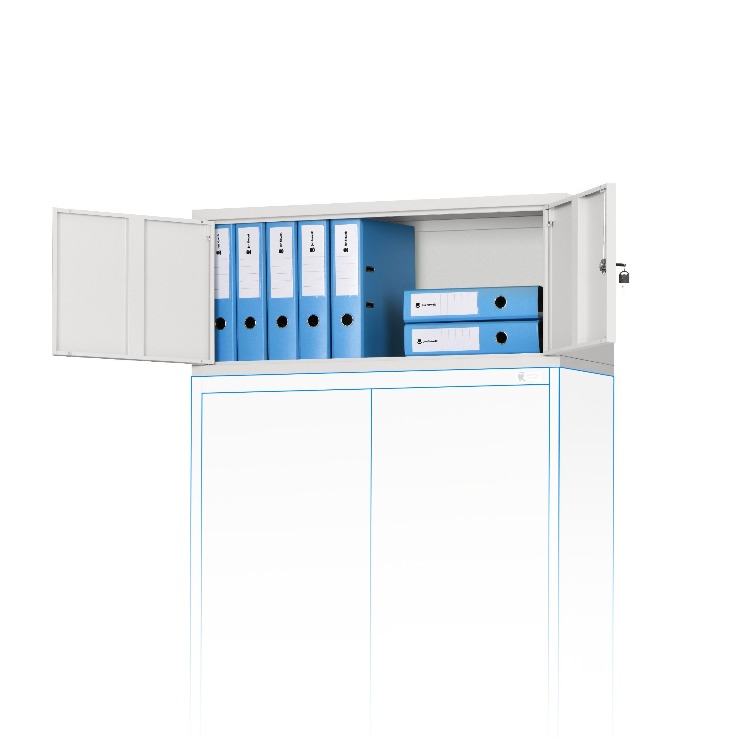Jan Nowak Schrankaufsatz Aufsatz für Aktenschrank 90 cm EWA Metall Stahl abschließbar, (38 x 90 x 40 cm passend für JAN NOWAK Schränke PZH-zertifiziert), Erweiterung Büroschrank Schloss 2 Schlüssel robust 3 Farben
