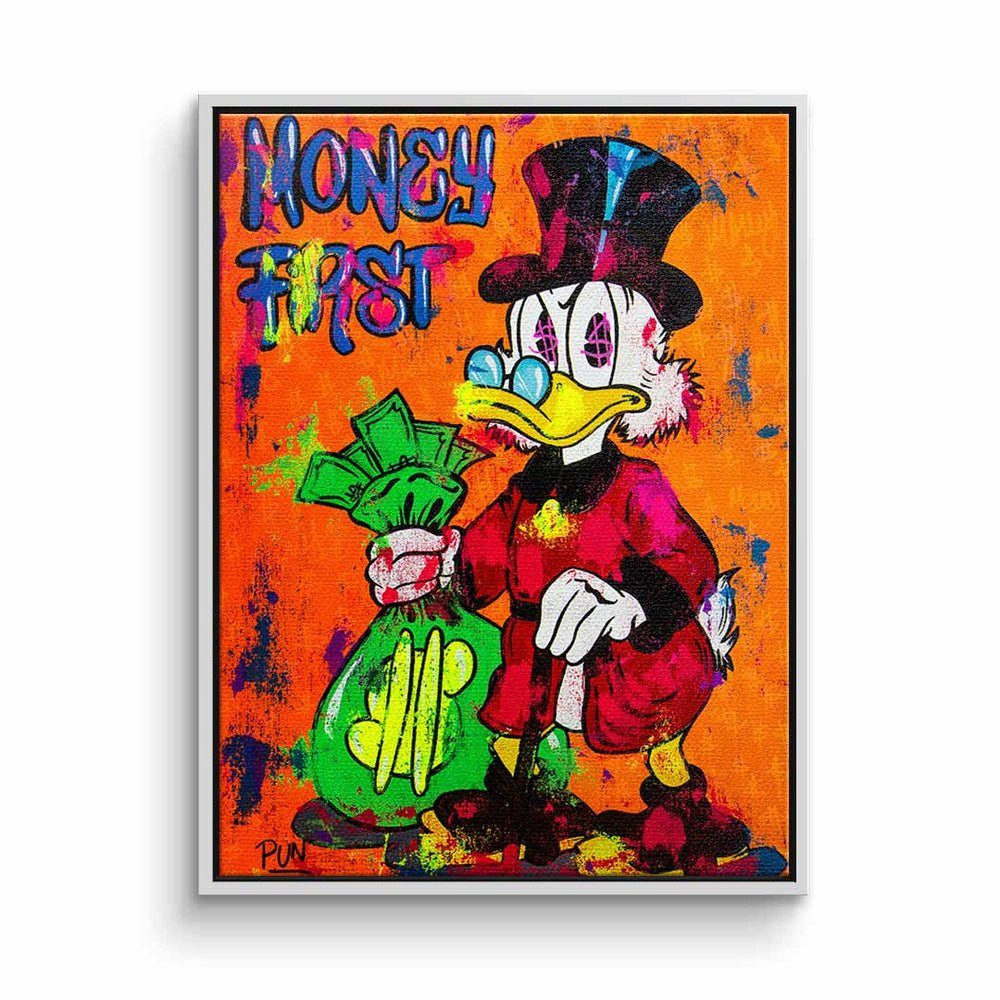 DOTCOMCANVAS® Leinwandbild, Leinwandbild Comic Dagobert Duck money first Scrooge McDuck orange Bür weißer Rahmen