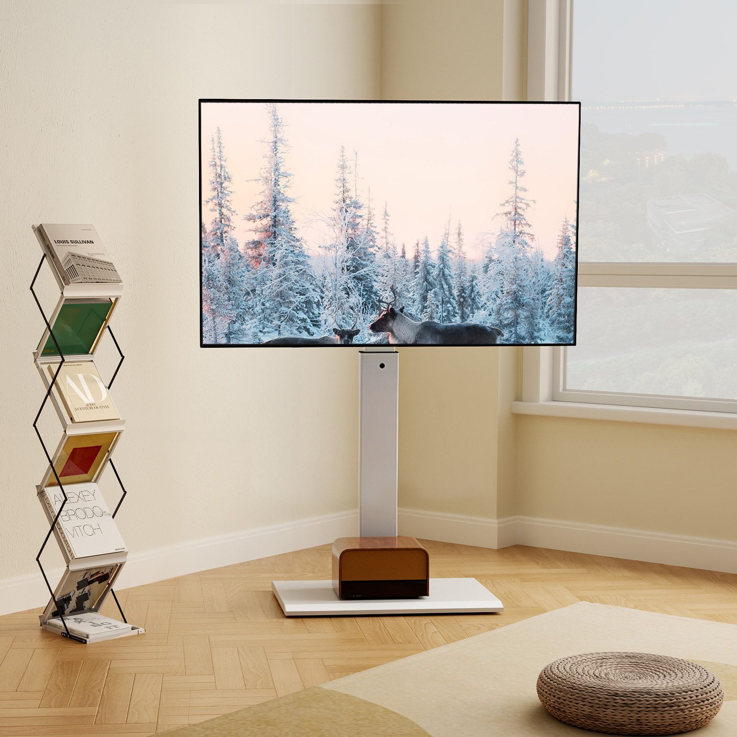 FITUEYES TV-Ständer ±30° schwenkbar, höhenverstellbar, 32-65 Zoll, (bis 65 Zoll, Metallbodenplatte) – Bild 3 von 5