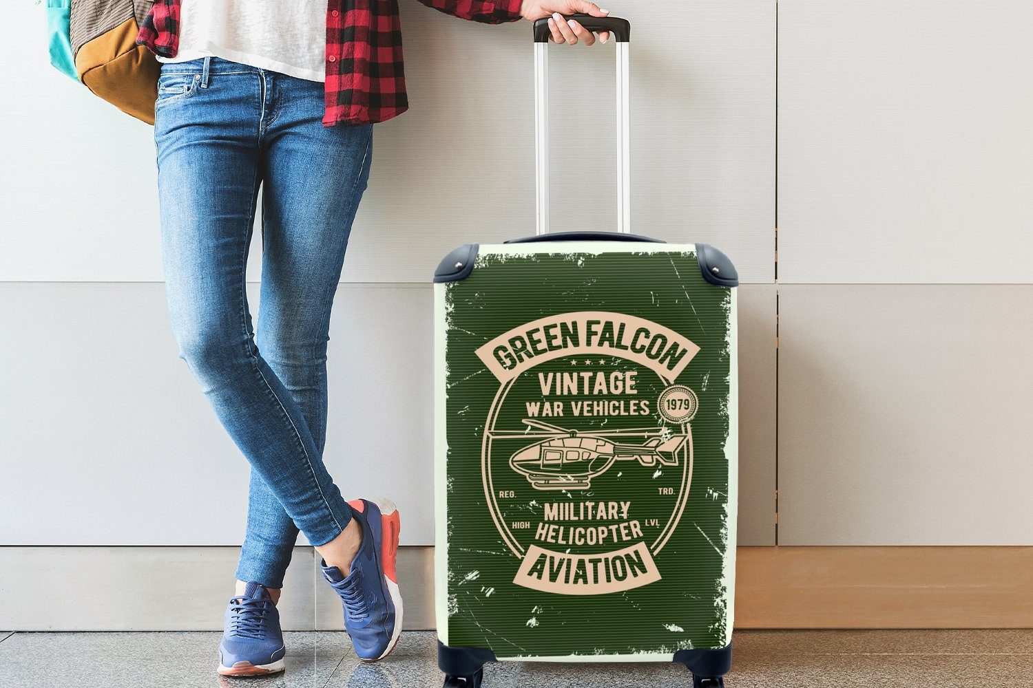 MuchoWow Handgepäckkoffer Reisetasche mit Trolley, Ferien, Reisekoffer rollen, 4 Vintage für Hubschrauber Handgepäck - - Rollen, Grün