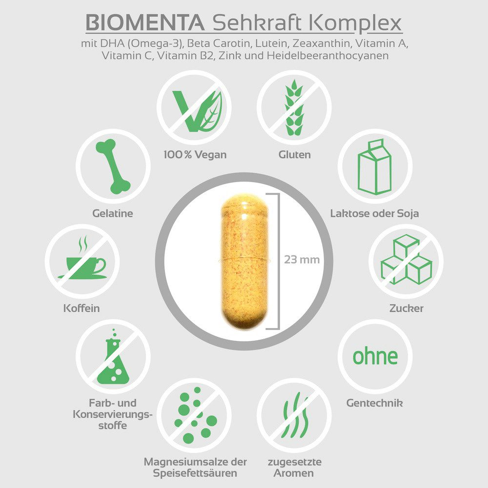 BIOMENTA Sehkraft Komplex - 90 Augen Vitamine Kapseln: Lutein, Zeaxanthin uvm. Kapseln, 76 g