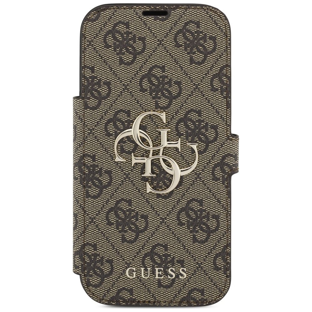 Guess Handyhülle Bookcase iPhone 17 Pro braun Logo goldfarben aufstellbar 6,3 Zoll, Kantenschutz