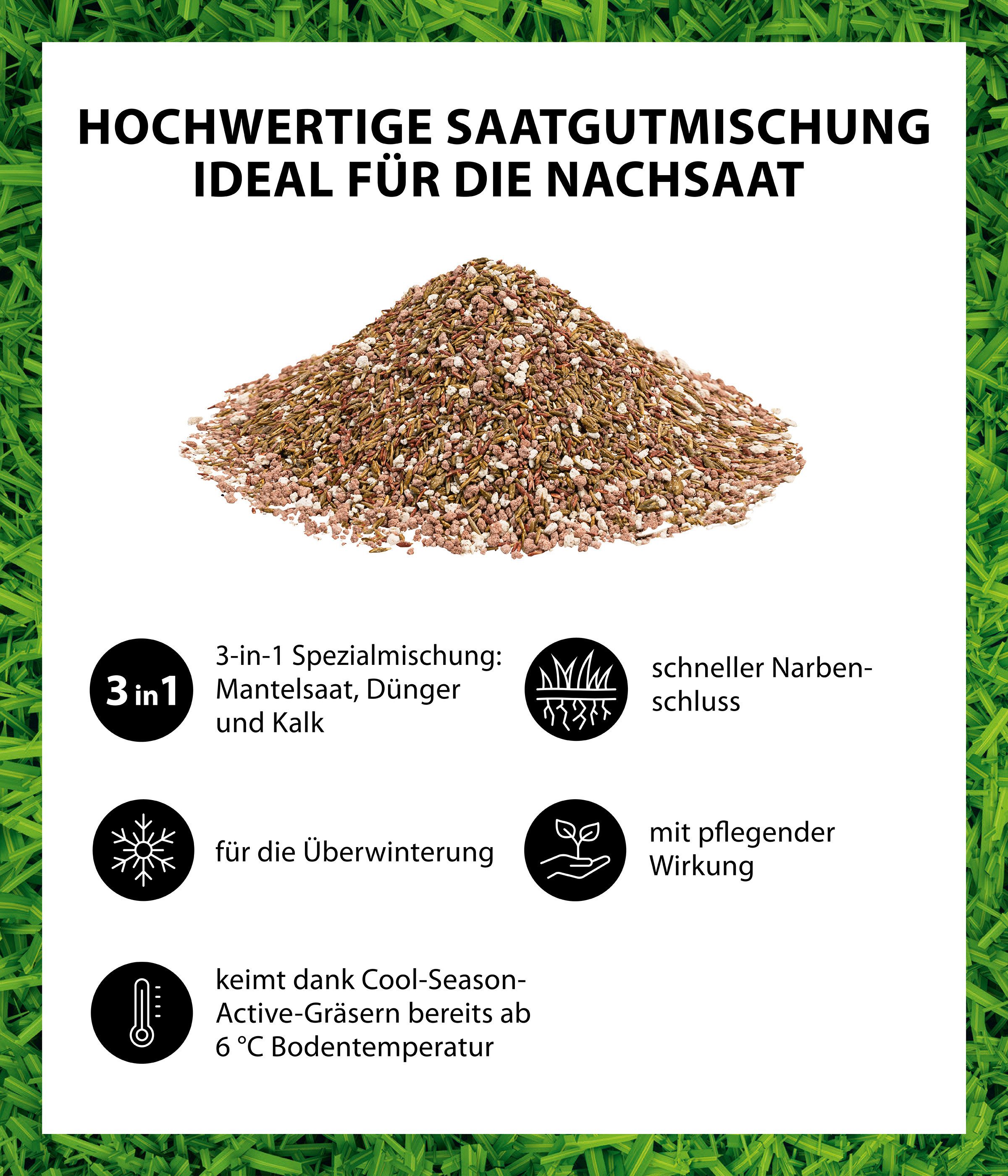 Dehner Rasensamen Herbst-Nachsaat Saatgut, schnell keimend, regenerierend, 750 g, 25 m², robust, nährstoffreich, ideal nach dem Sommer, pflegeleicht