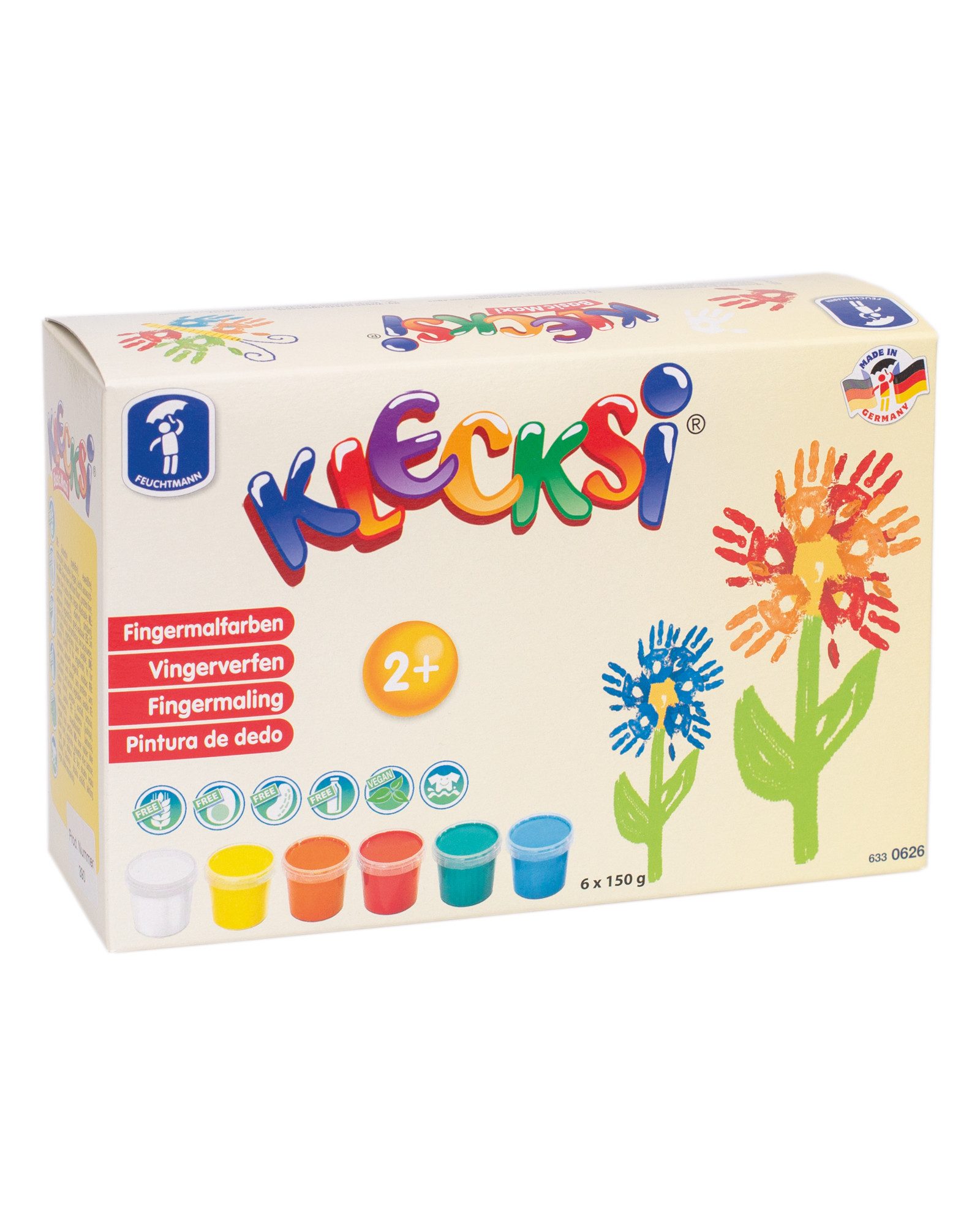 Feuchtmann Fingerfarbe KLECKSi Basic Maxi, 6 x 150g hautfreundliche Fingermalfarbe für Kinder