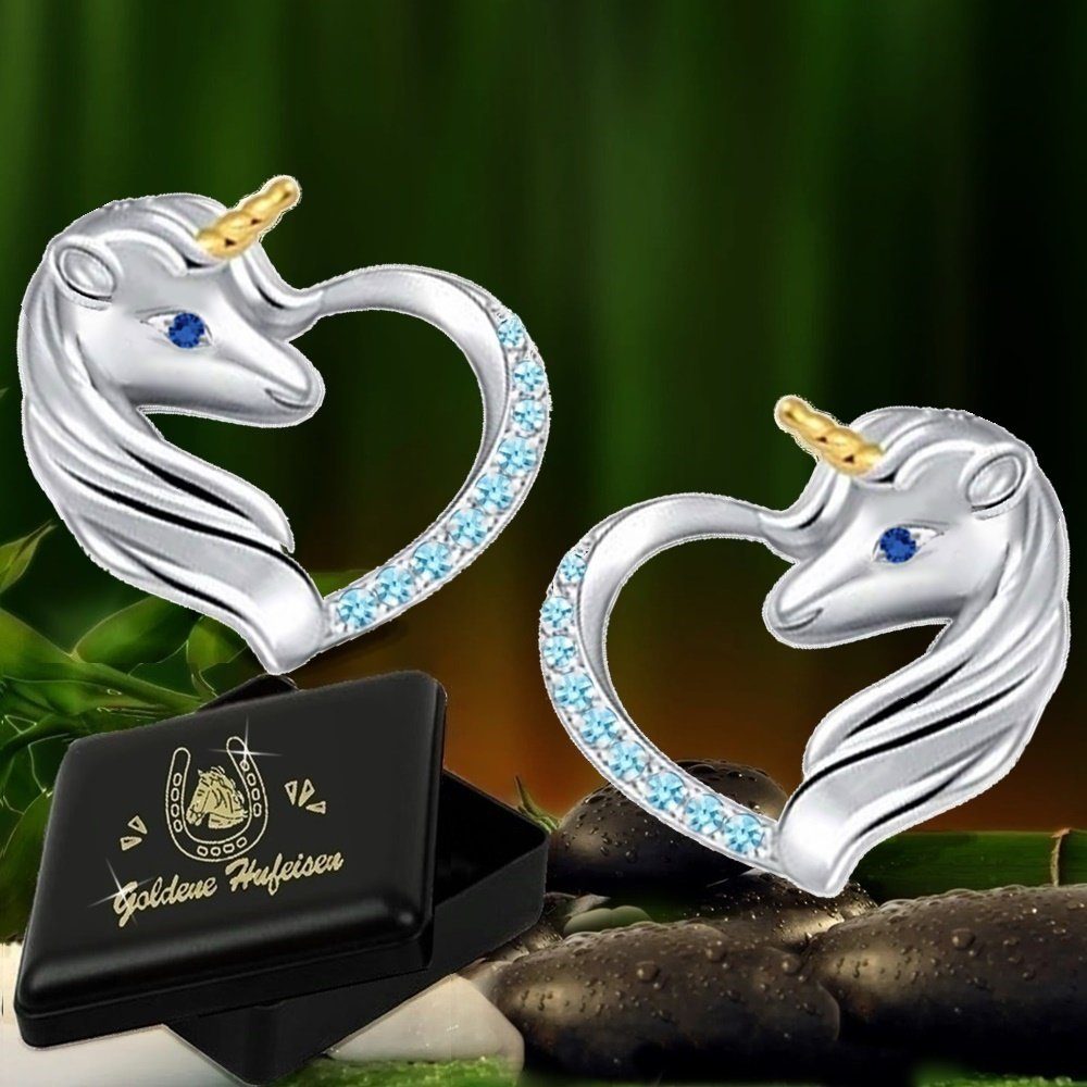 Goldene Hufeisen Paar Ohrstecker Blau inkl. Pferd mit Einhorn Silber (1 Paar, Zirkonia Herz Etui), Ohrstecker 925 Rhodiniert