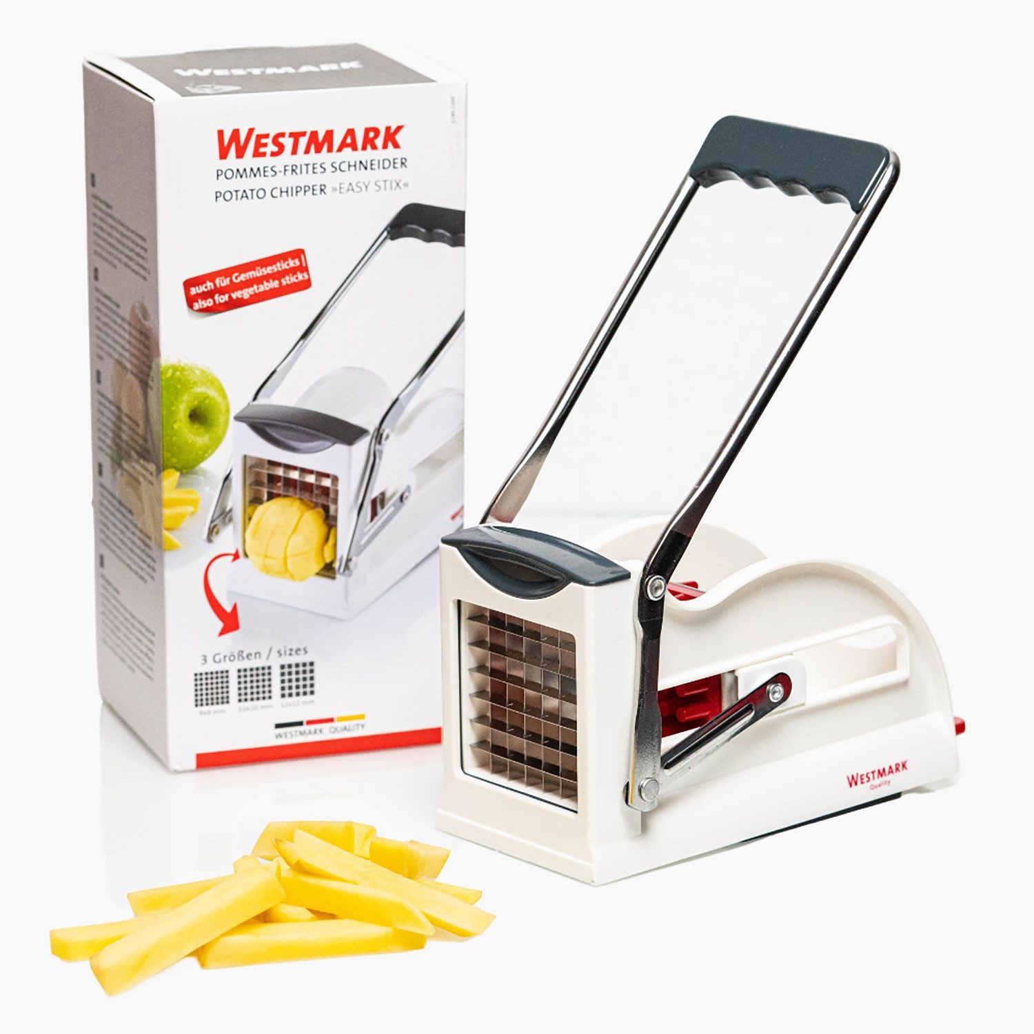 WESTMARK Pommesschneider und Gemüse-/Obststiftler mit drei Edelstahl-Schneideinsätzen und Stemp, rutschfester Saugfuß, auch für Obst und Gemüse geeignet