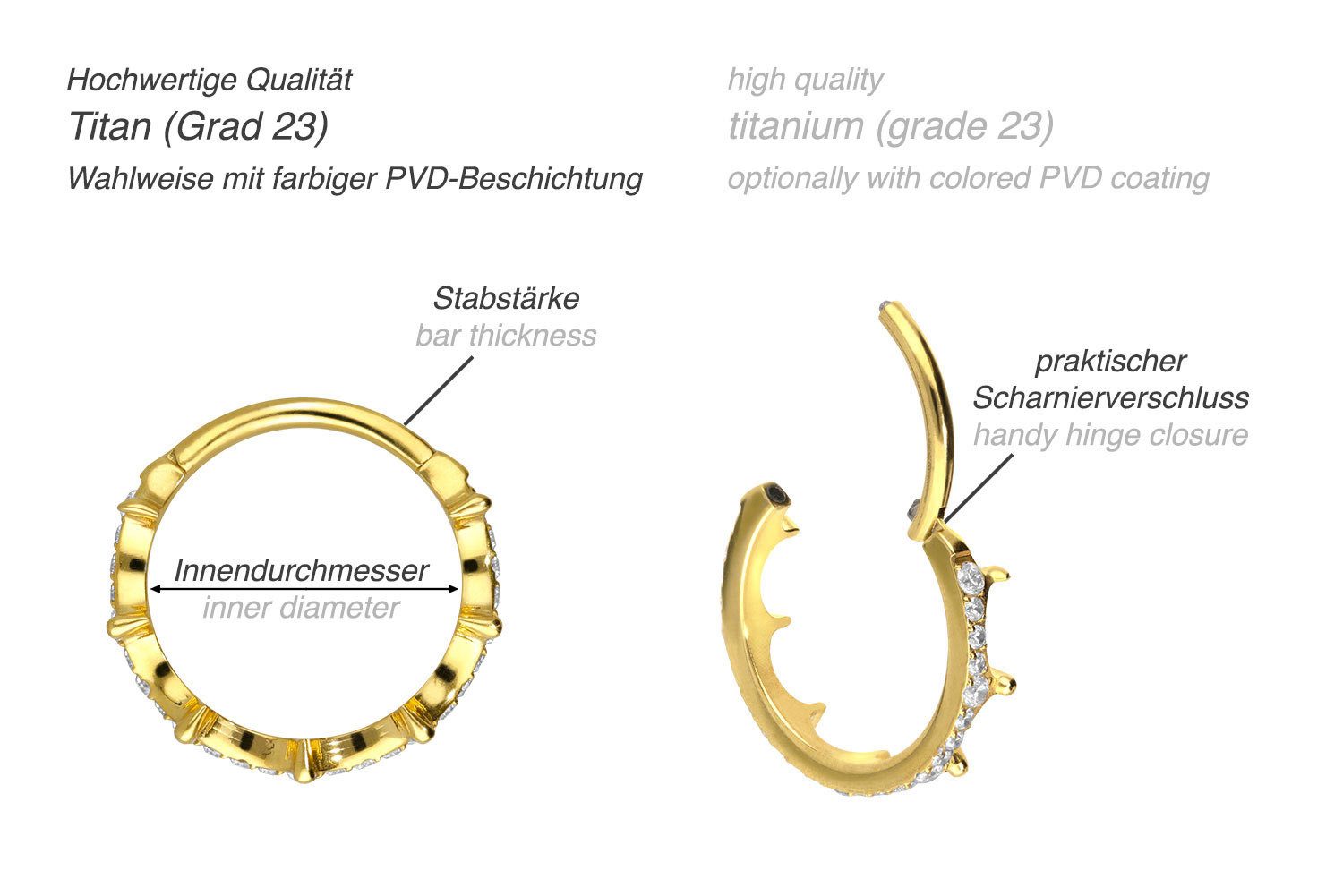 PIERCINGLINE Nasenpiercing Titan Segmentring Clicker KRISTALLKRONE Ohrpiercing Septum Nase (Clicker, 1-tlg), Ohrpiercing für Conch, Helix, Tragus, Daith, Lobe