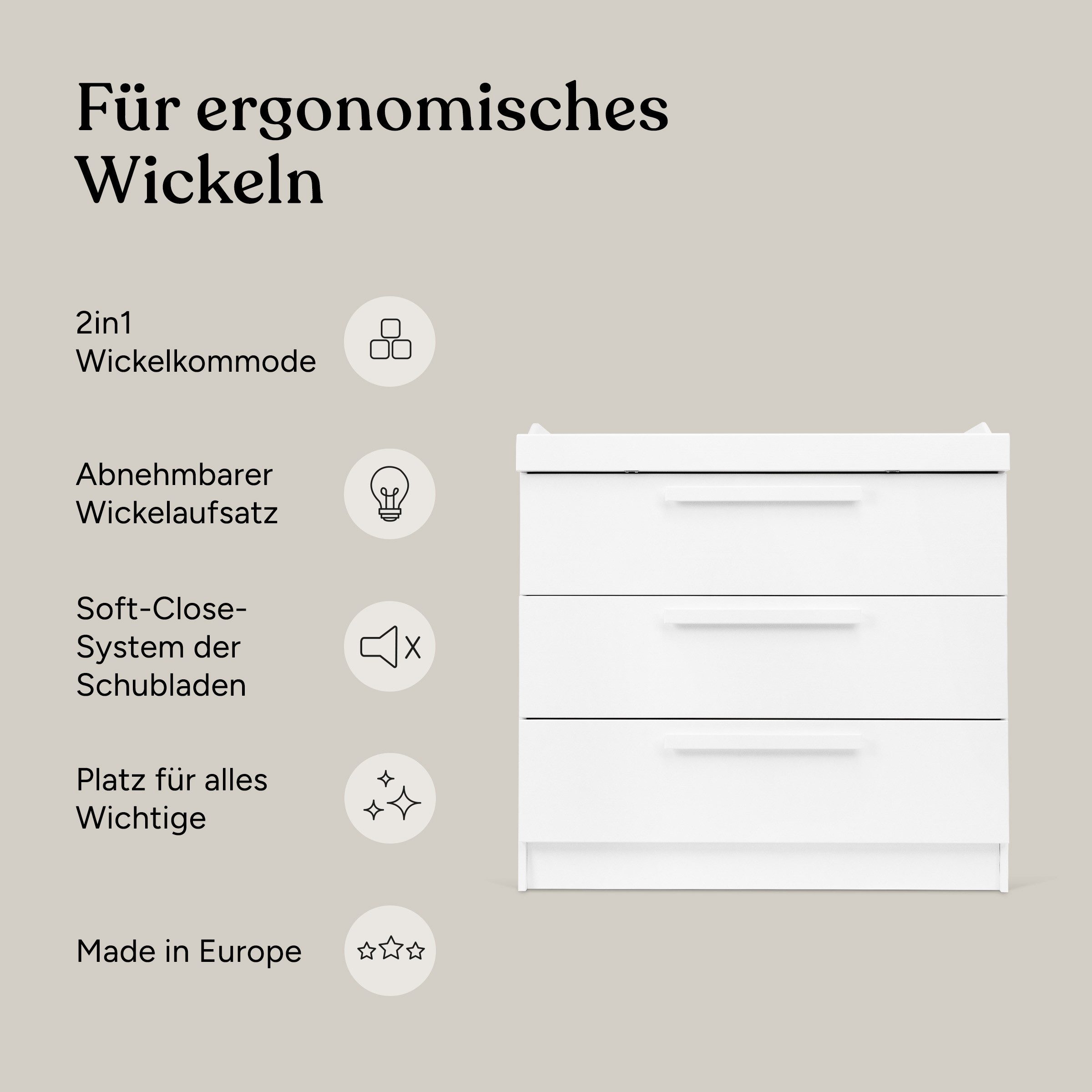 Ehrenkind Wickelkommode Linia mit abnehmbarem Wickelaufsatz aus Kiefer, 3 Schubladen + Regal, made in Europe – Bild 3 von 5