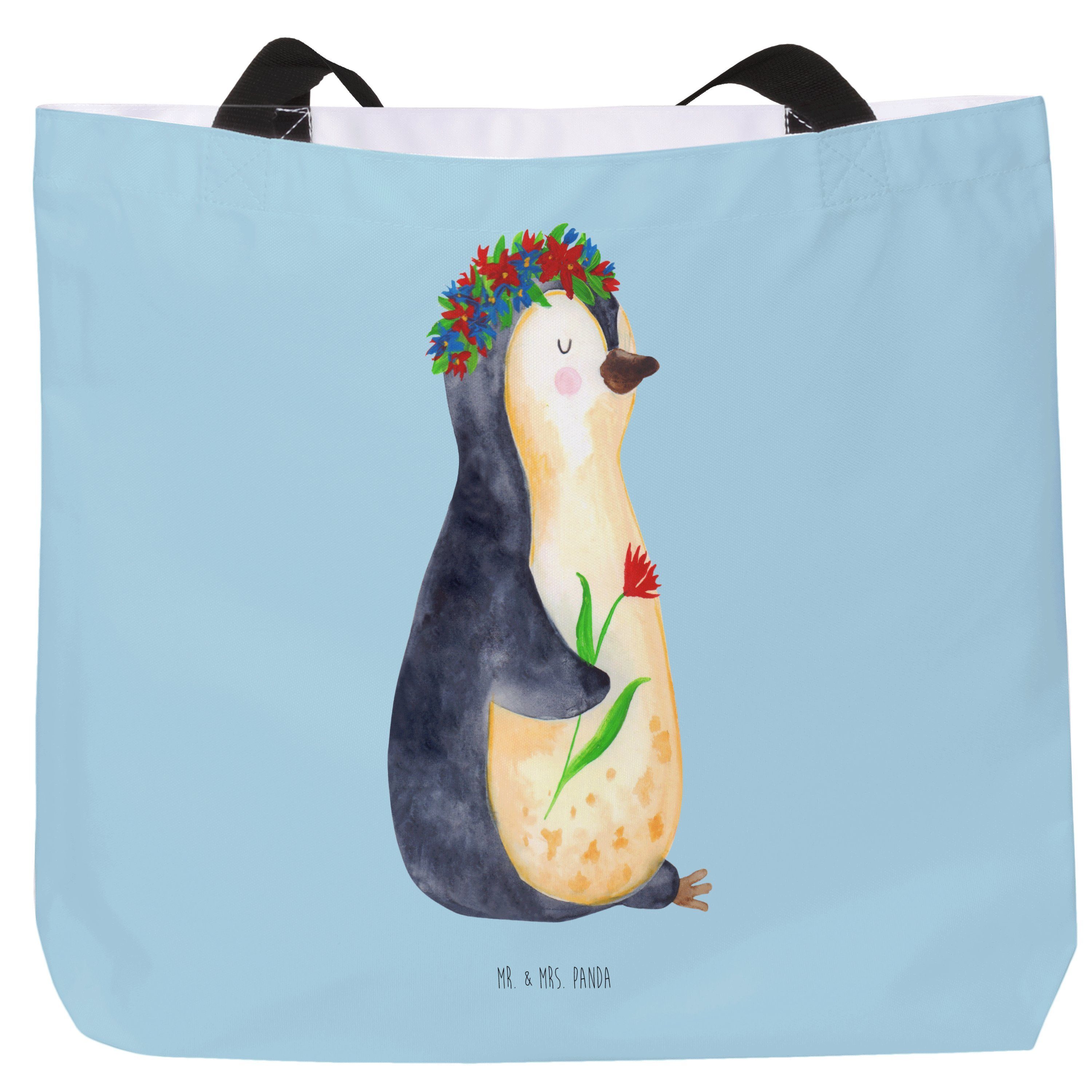 Mr. & Mrs. Panda Shopper Pinguin Blumenkranz - Eisblau - Geschenk, Geschenkidee, Selbstliebe, (1-tlg)
