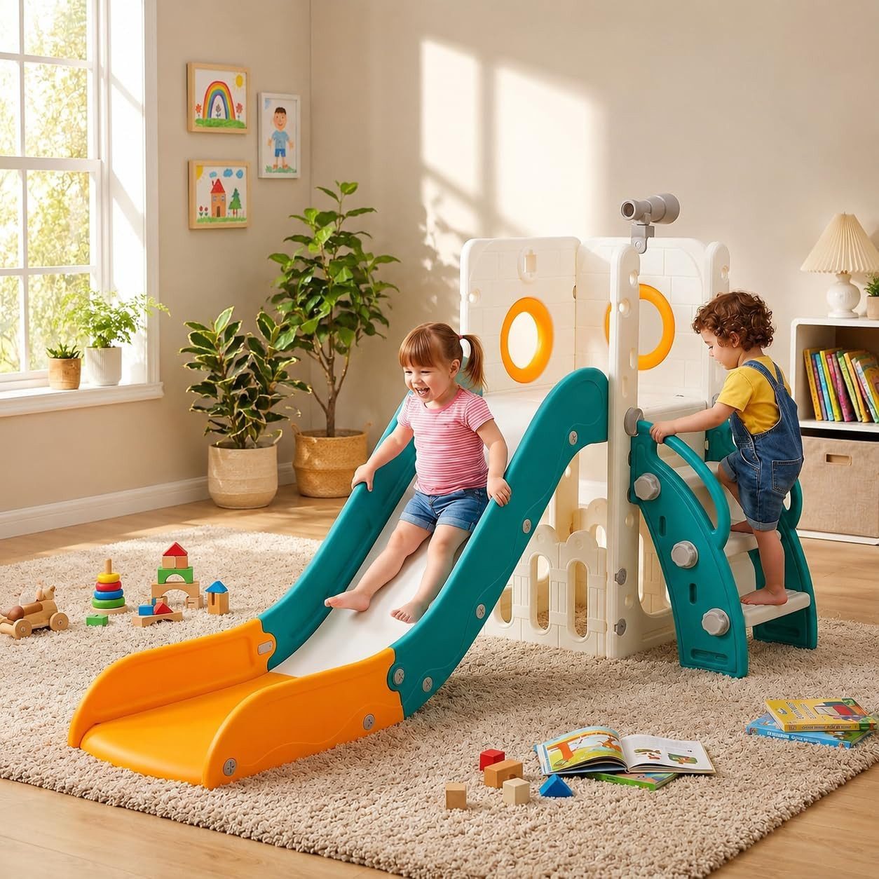 TLGREEN Rutsche, Kinderrutsche mit Stauraum & Spielteleskope, (Indoor & Outdoor Rutsche ab 1 Jahre), Gartenrutsche, Kinder Spielplatz