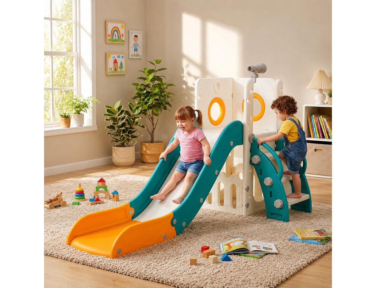 TLGREEN Rutsche, Kinderrutsche mit Stauraum & Spielteleskope, (Indoor & Outdoor Rutsche ab 1 Jahre), Gartenrutsche, Kinder Spielplatz
