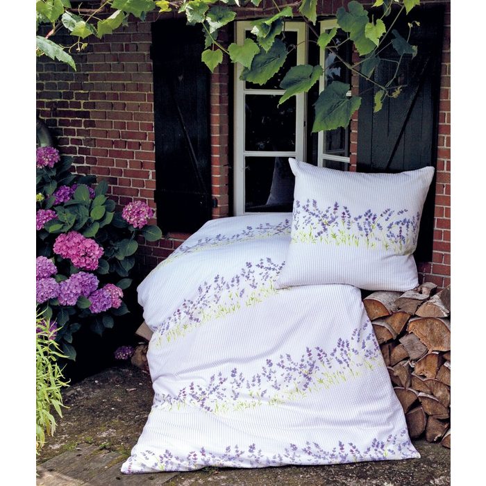 Bettwäsche Seersucker Traumschloss Seersucker 2 teilig weiße Bettwäsche mit Lavendel bedruckt