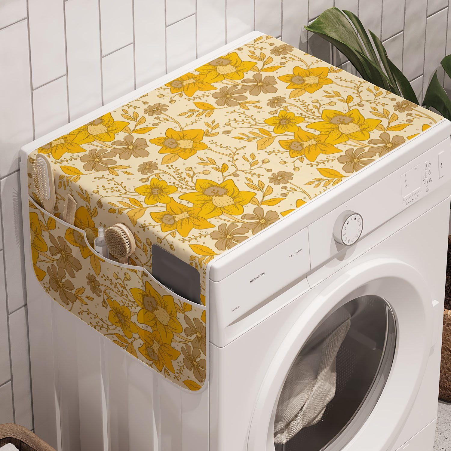 Romantik Waschmaschine Trockner, Blumen und Abakuhaus Badorganizer für Blume Abstrakt Anti-Rutsch-Stoffabdeckung