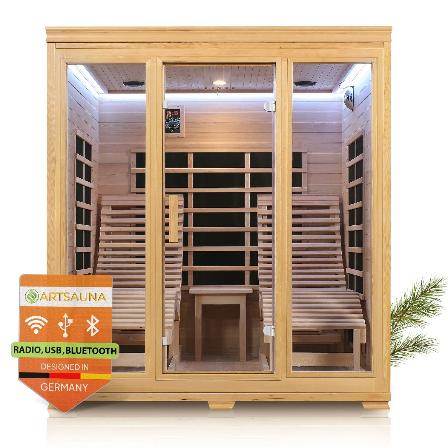 Artsauna Infrarotkabine Billund Dual Technologie, für 2 Personen, Hemlock-Holz, HiFi-System, Ionisator, LED-Farblicht