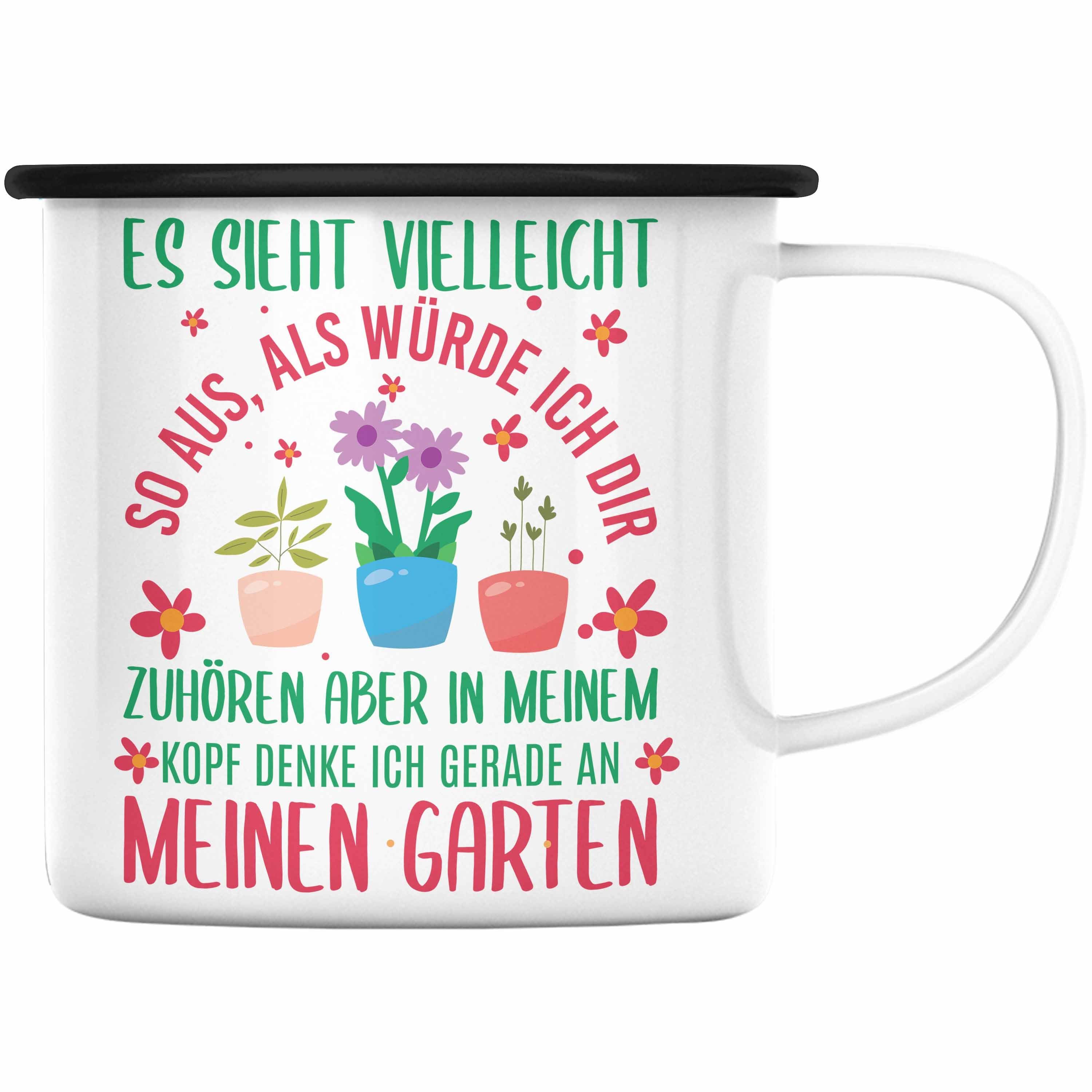 Trendation Thermotasse Trendation - Gärtnerin Geschenk Emaille Tasse mit Spruch für Garten Hobbygärtnerin Geschenkidee Gärtner Schwarz