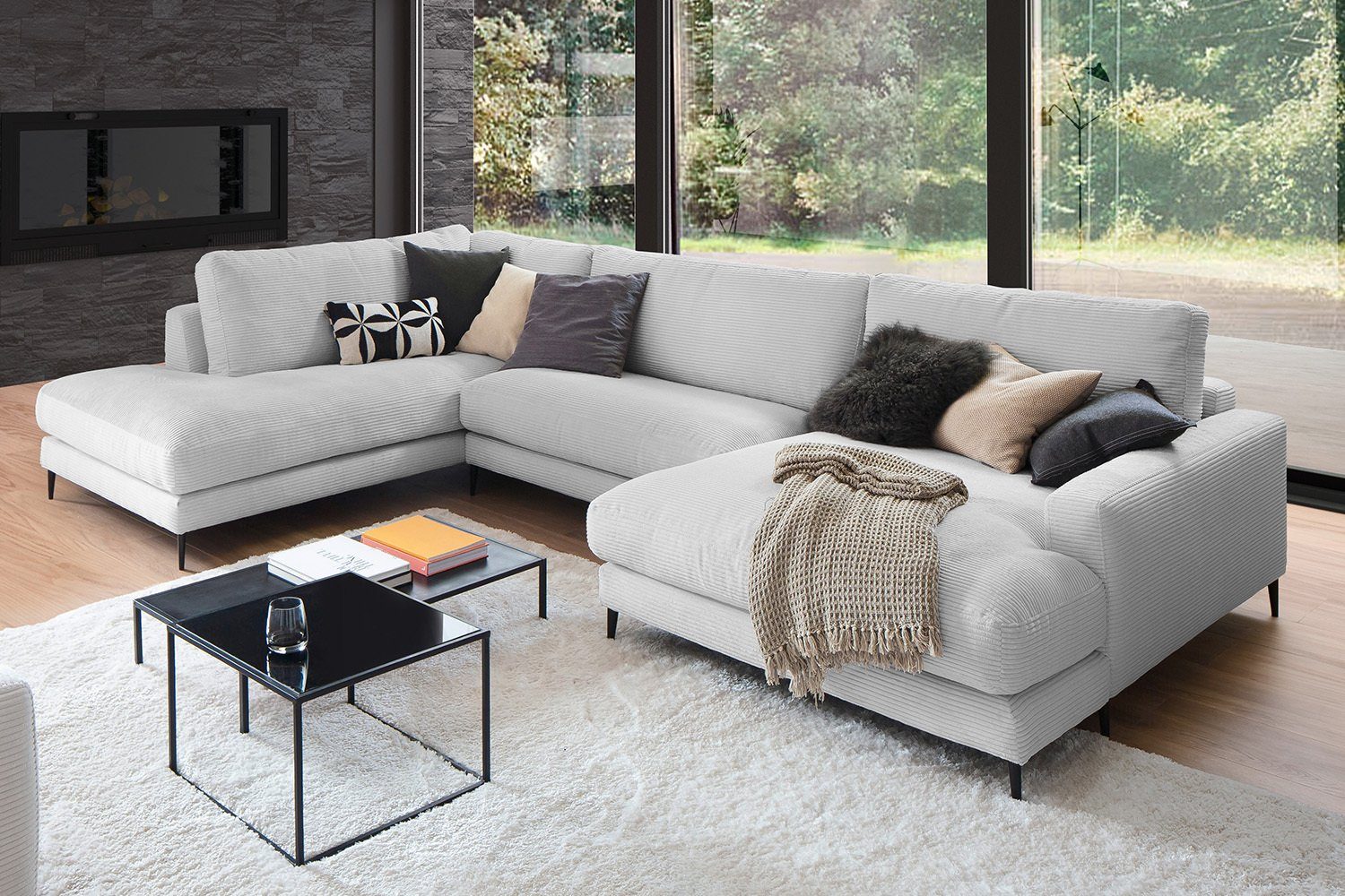 Sofa versch. Longchair od. Wohnlandschaft Farben U-Form CARA, KAWOLA links, Cord, rechts hellgrau