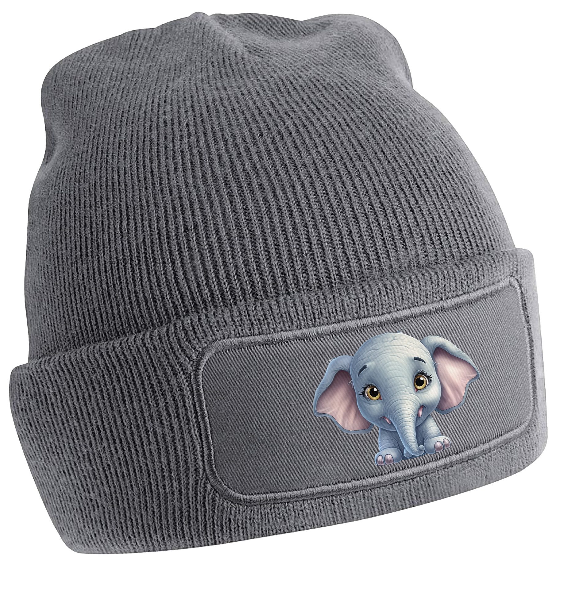 MyDesign24 Strickmütze für kalte Tage - Beanie mit Umschlag und Elefant Print Coole Wildtier Mütze Wintermütze i272