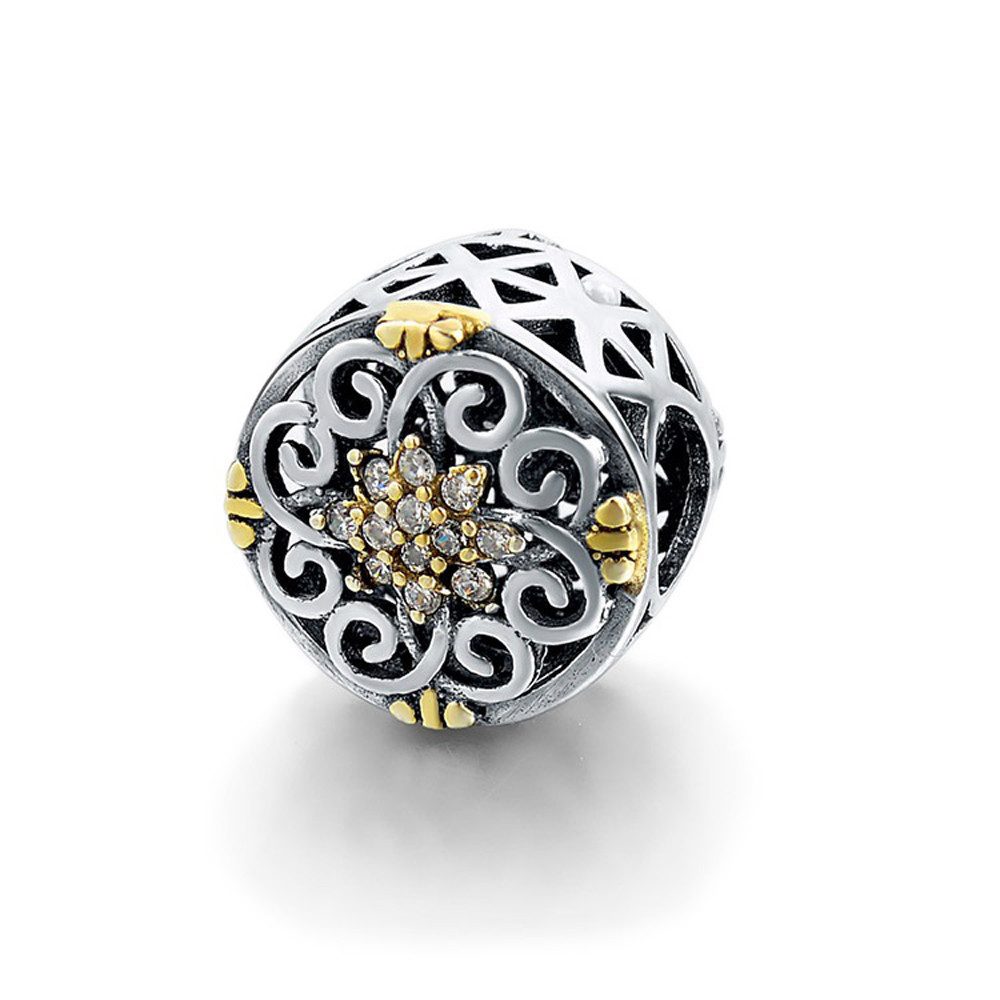 PANDACHARMS Bead Goldener Blütenwirbel Charm für Charm Armband, 925er Silber, Zirkonia