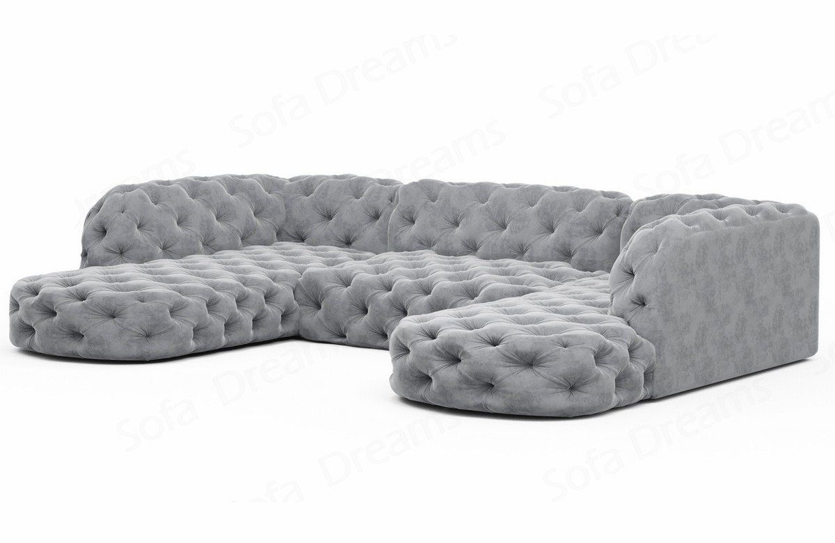 Designer Stoffsofa, Couch Sofa Lounge Samtstoff Wohnlandschaft im Couch U Sofa Look Lanzarote Chesterfield Dreams hellgrau84