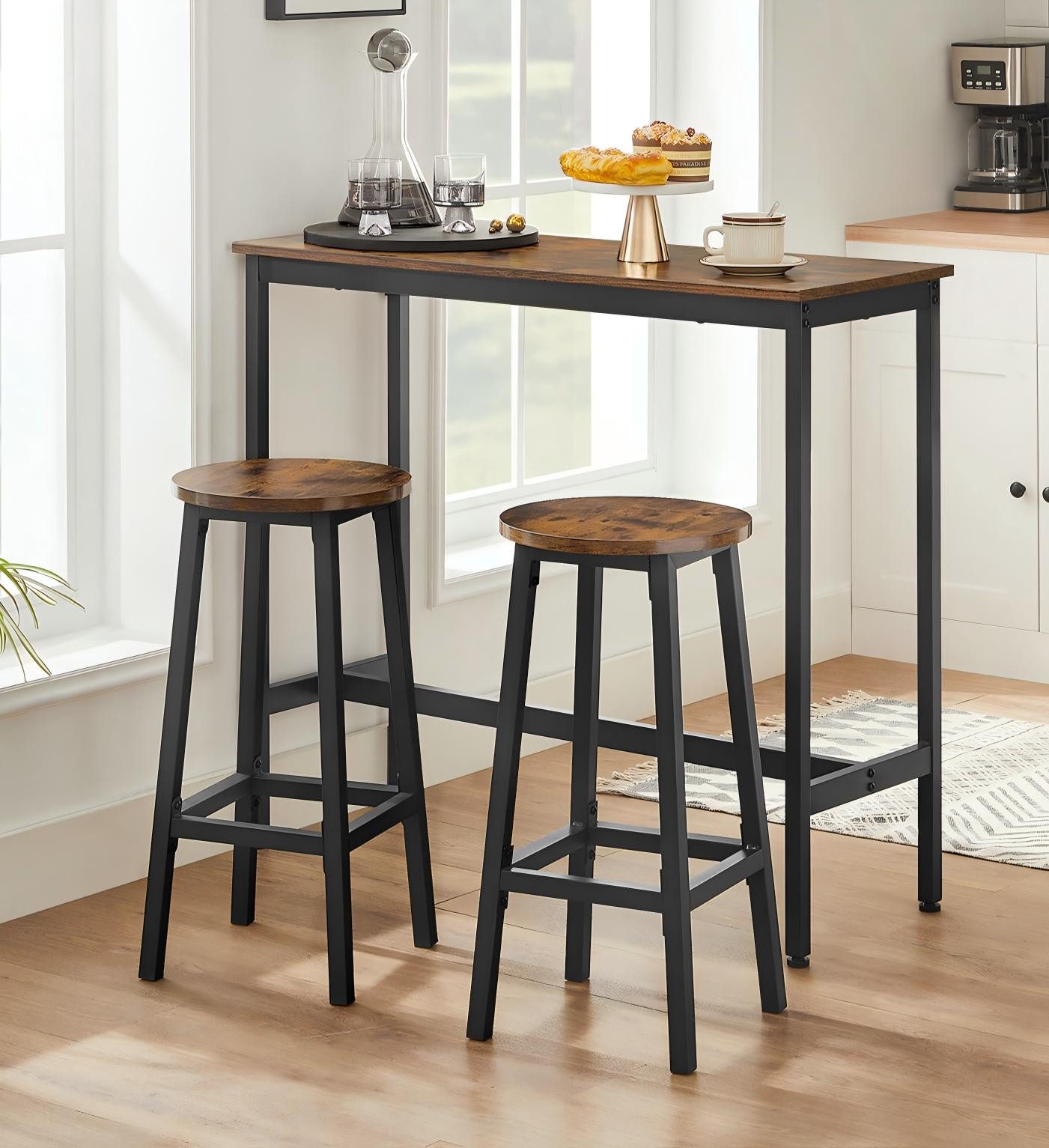 VASAGLE Bartisch Küchentisch-Set, Stehtisch(100 x 40 x 90 cm), mit 2 Barhockern